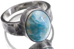 AAA Grade Larimar Pectolite Dolphin Stone Oval Cabochon Ring 925 Silver Hammered Oxidized Men’s Ring Size 10 Throat Chakra Energy Jewelry