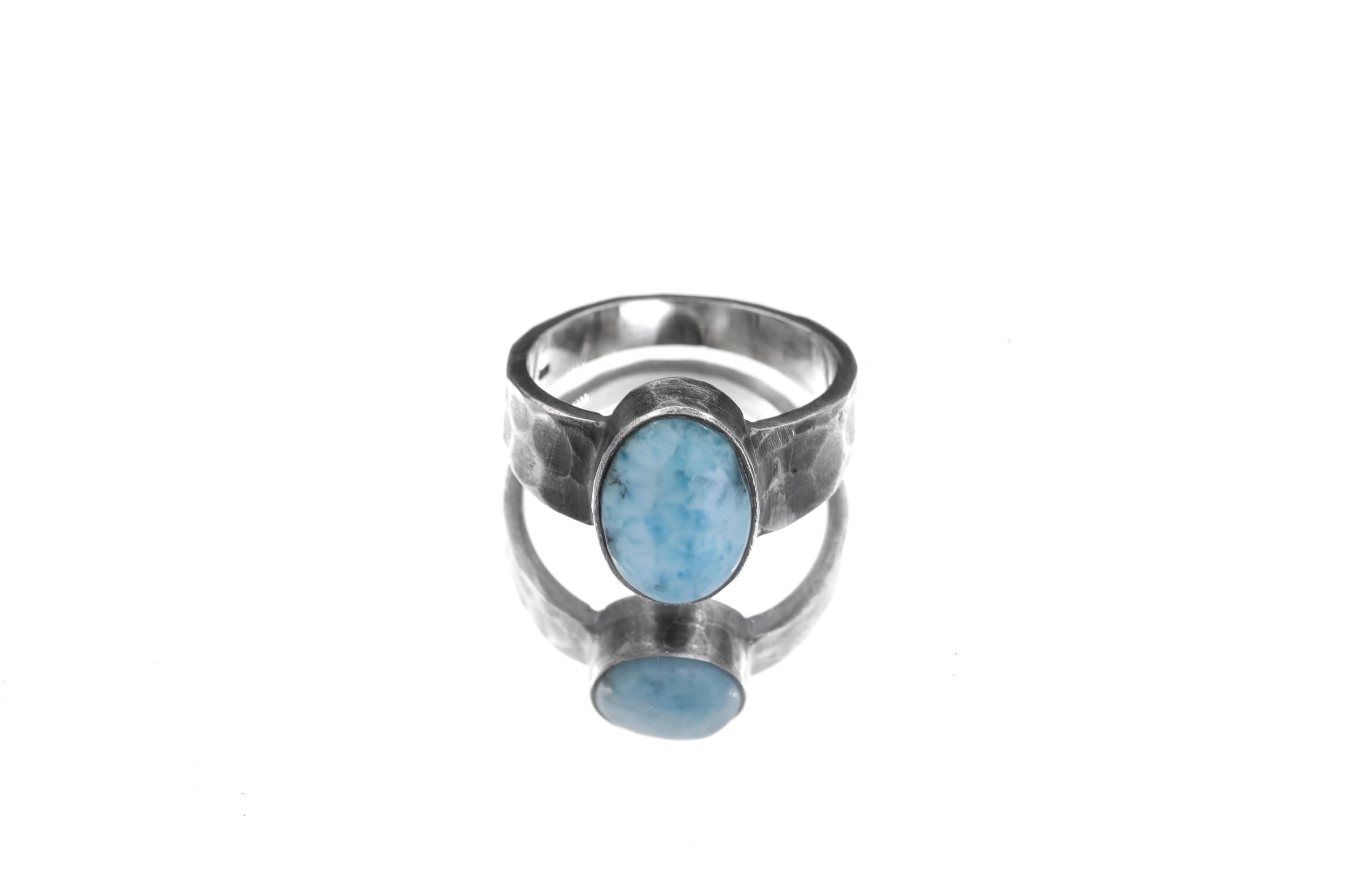 Grade AAA Larimar Cabochon Ring Sterling Silver Hammered Band Blue Pectolite Throat Chakra Talisman Jewelry Size 10 US
