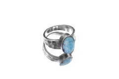 Grade AAA Larimar Cabochon Ring Sterling Silver Hammered Band Blue Pectolite Throat Chakra Talisman Jewelry Size 10 US