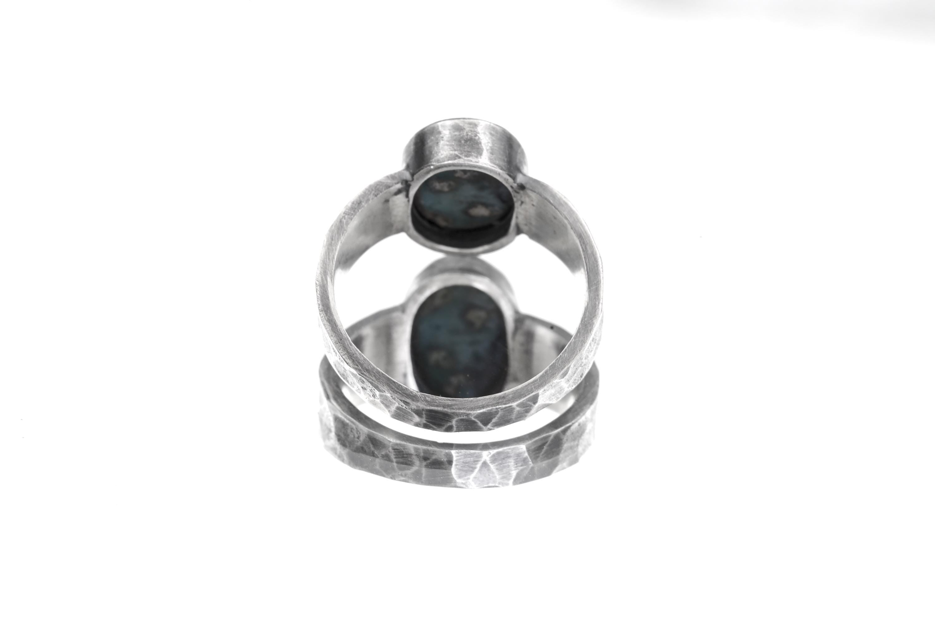 Grade AAA Larimar Cabochon Ring Sterling Silver Hammered Band Blue Pectolite Throat Chakra Talisman Jewelry Size 10 US