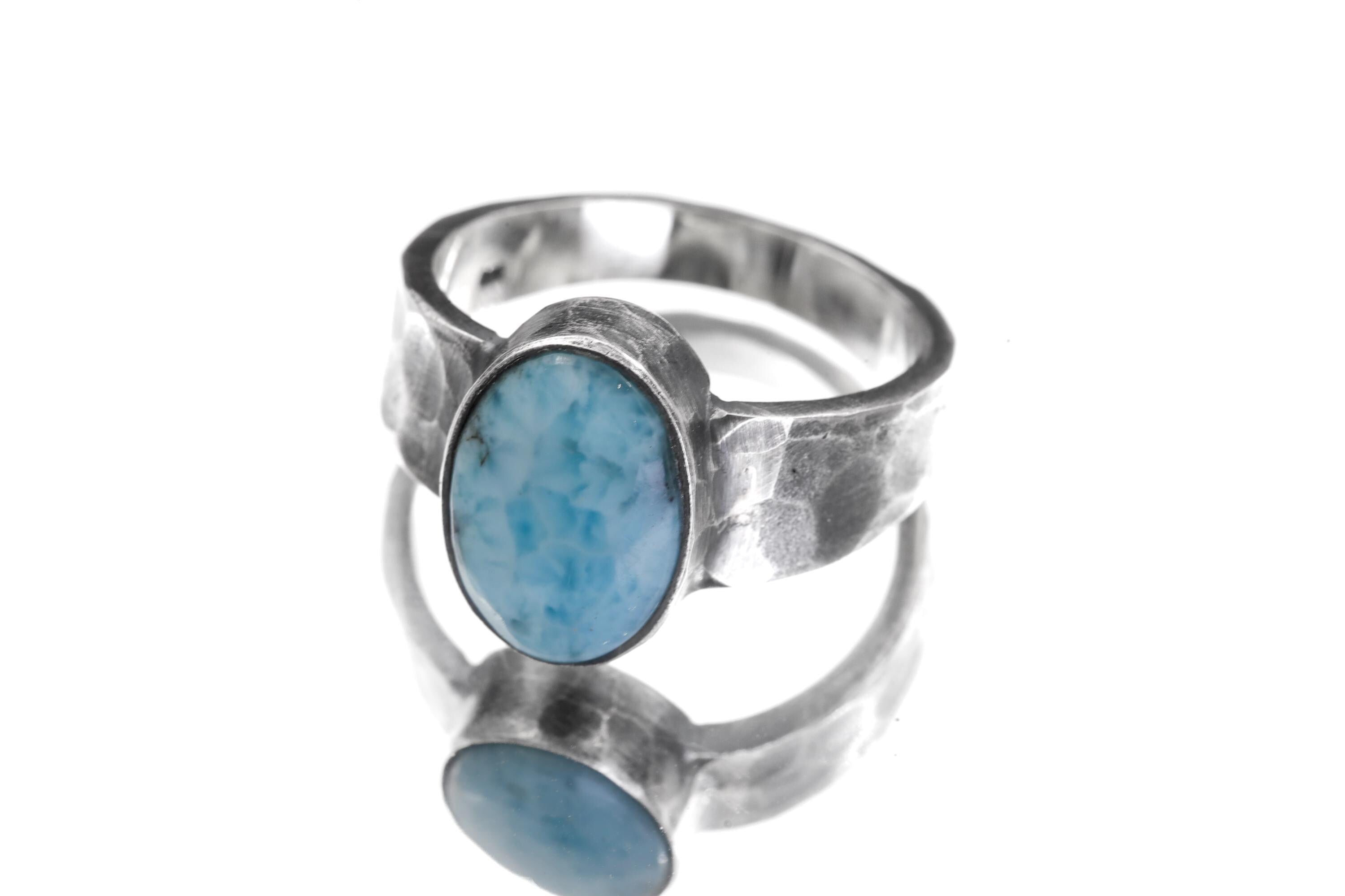 Grade AAA Larimar Cabochon Ring Sterling Silver Hammered Band Blue Pectolite Throat Chakra Talisman Jewelry Size 10 US