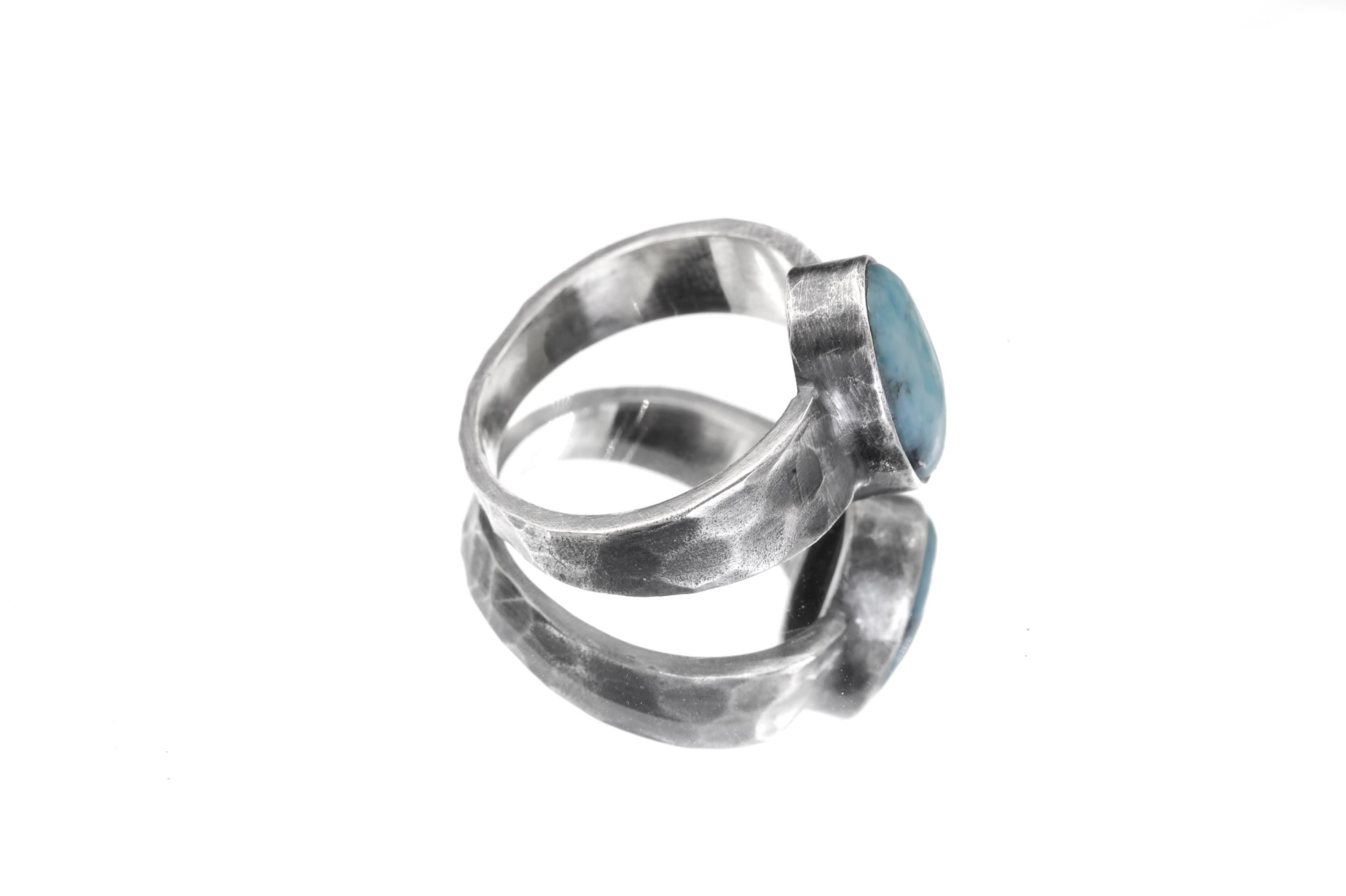 Grade AAA Larimar Cabochon Ring Sterling Silver Hammered Band Blue Pectolite Throat Chakra Talisman Jewelry Size 10 US