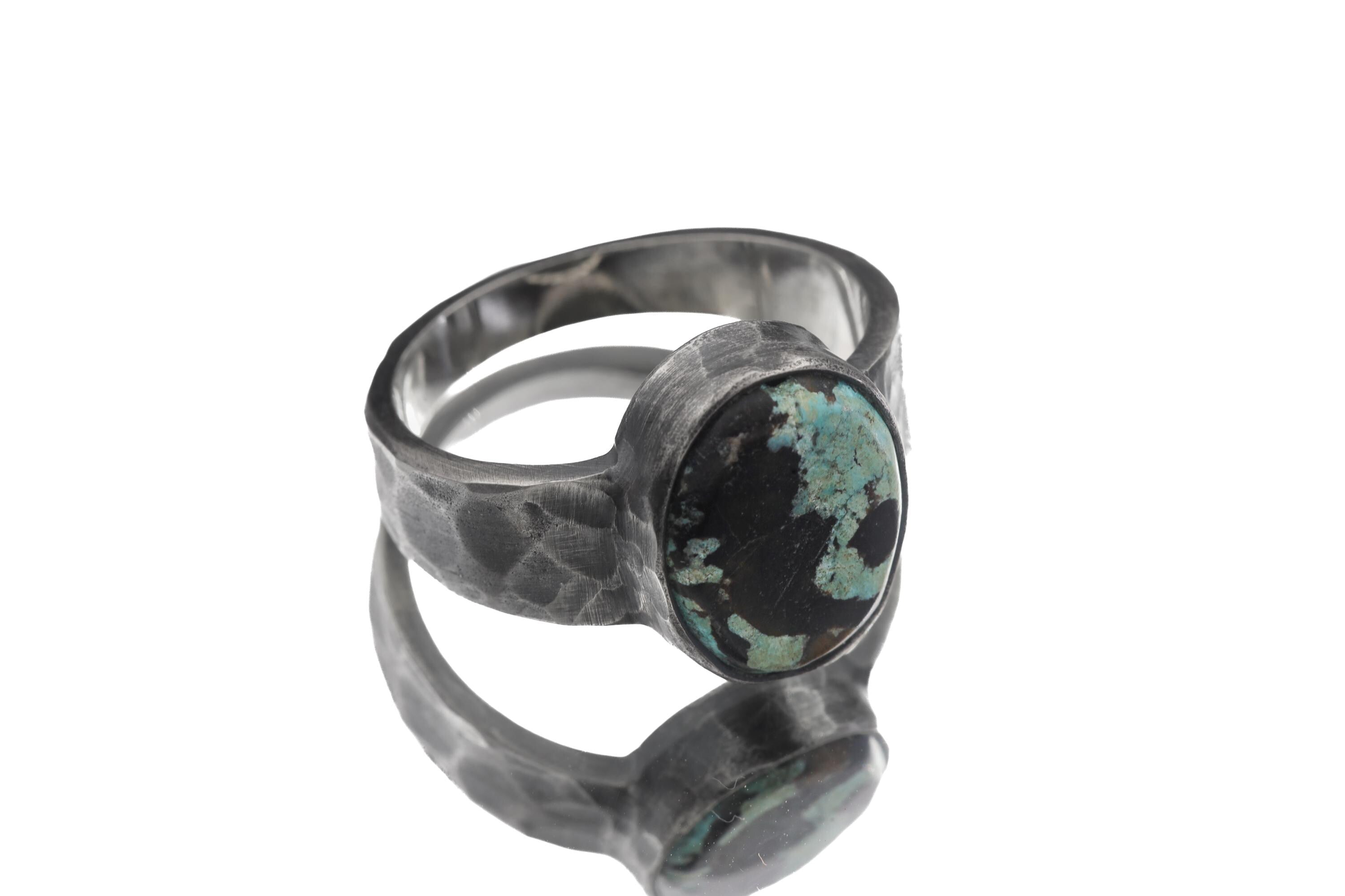 Tibetan Turquoise Ring, Oxidized Sterling Silver Hammered Band, Mens Size 10