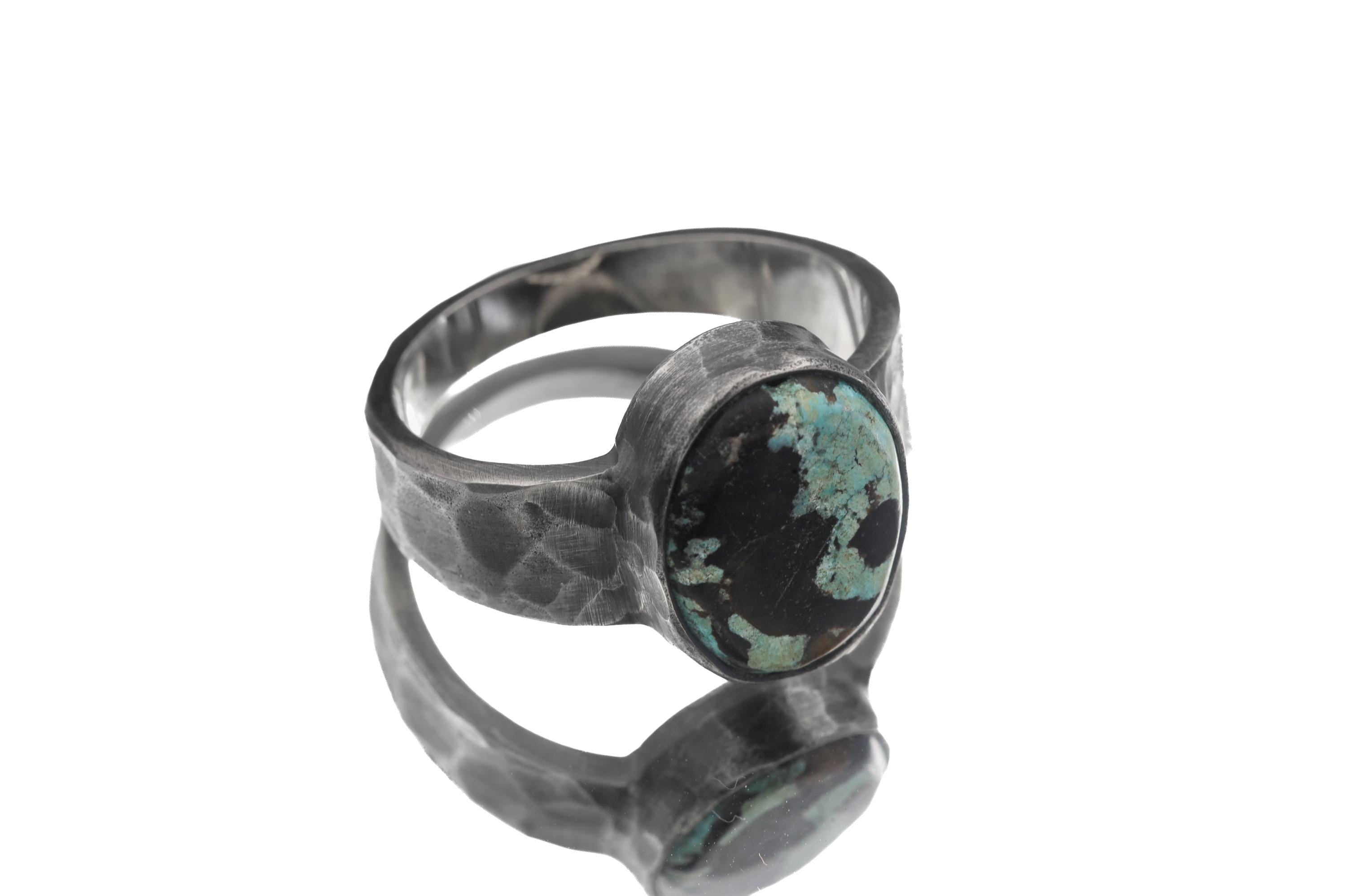 Tibetan Turquoise Ring 925 Sterling Silver Oxidized Hammered Mens Size 10 Throat Heart Chakra Gift