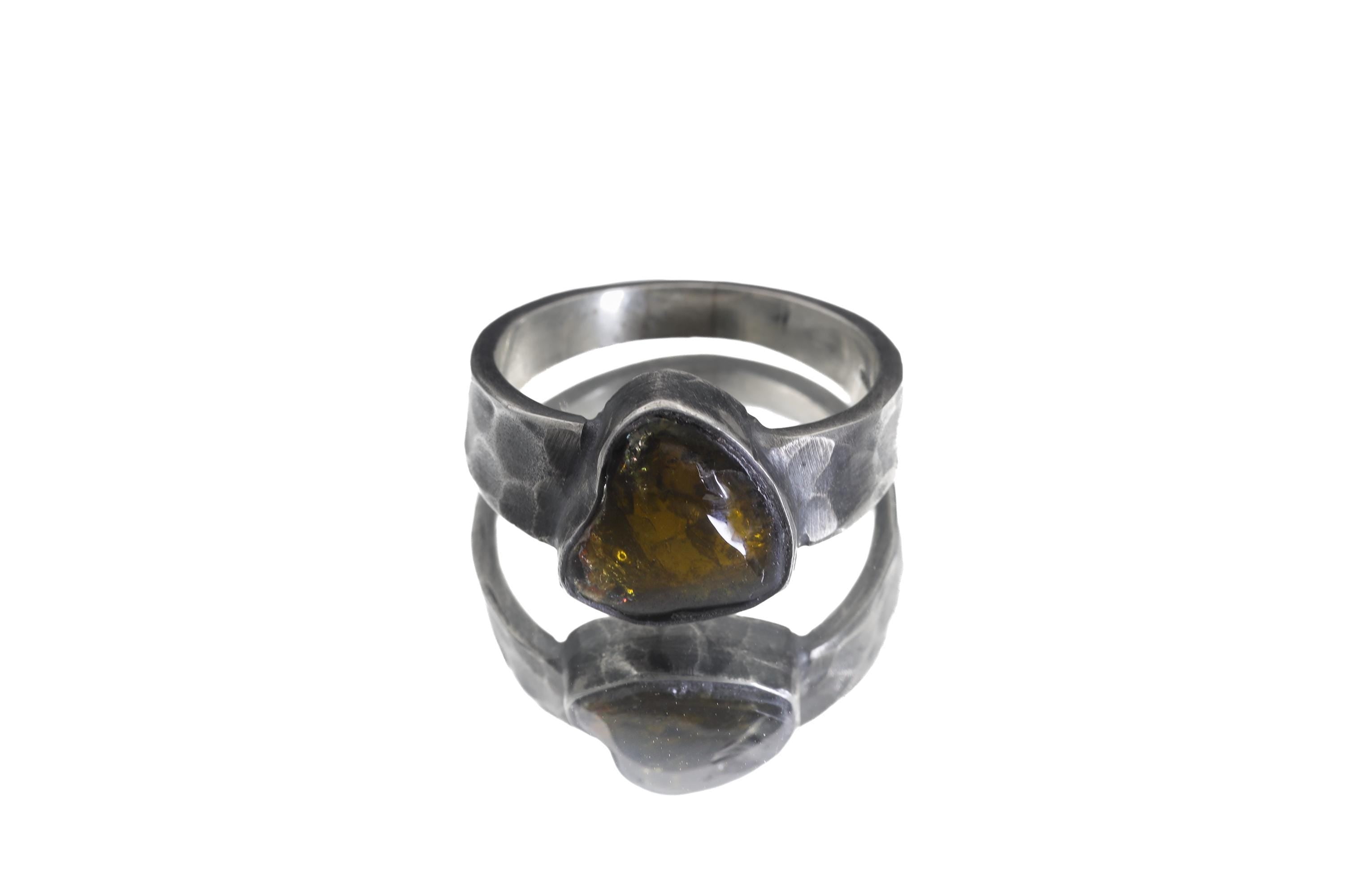 Freeform Polished Green Gem Tourmaline Slice Ring 925 Silver Oxidized Hammered Band Men Size 10 Heart Chakra Energy Gift