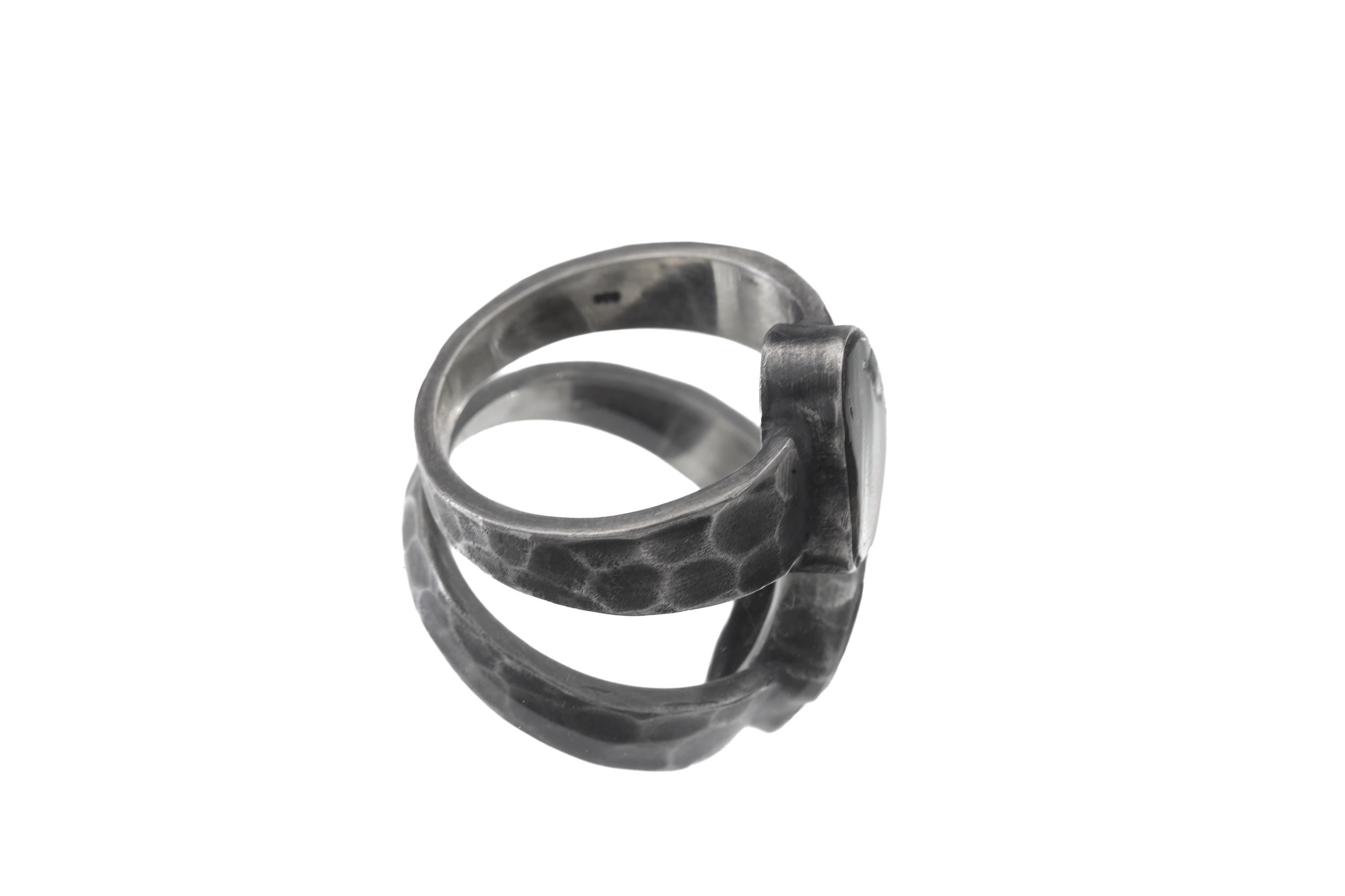 Freeform Polished Green Gem Tourmaline Slice Ring 925 Silver Oxidized Hammered Band Men Size 10 Heart Chakra Energy Gift