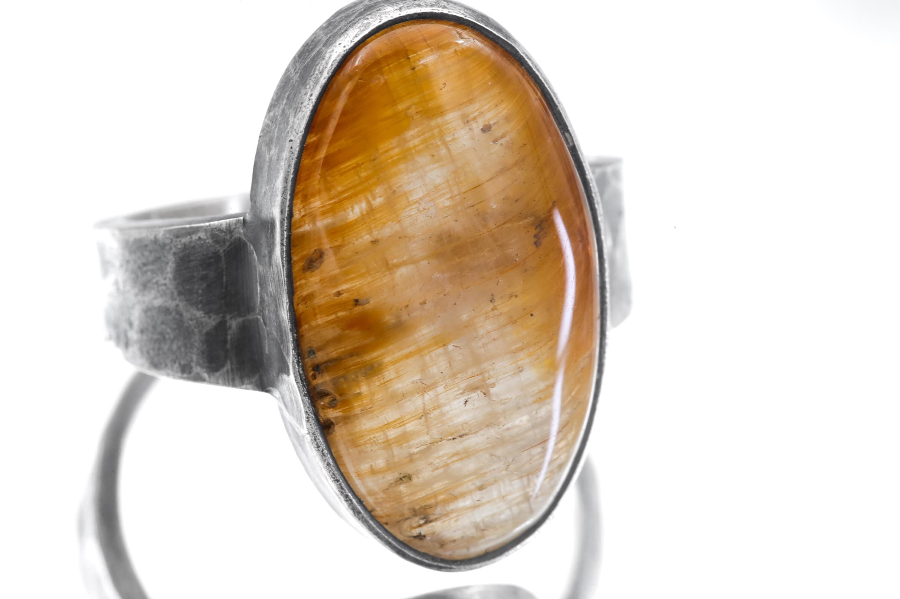 Golden Rutile Quartz Ring Sterling Silver Oxidized Hammered Band Clear Quartz Solar Plexus Talisman Gift Size 9 US