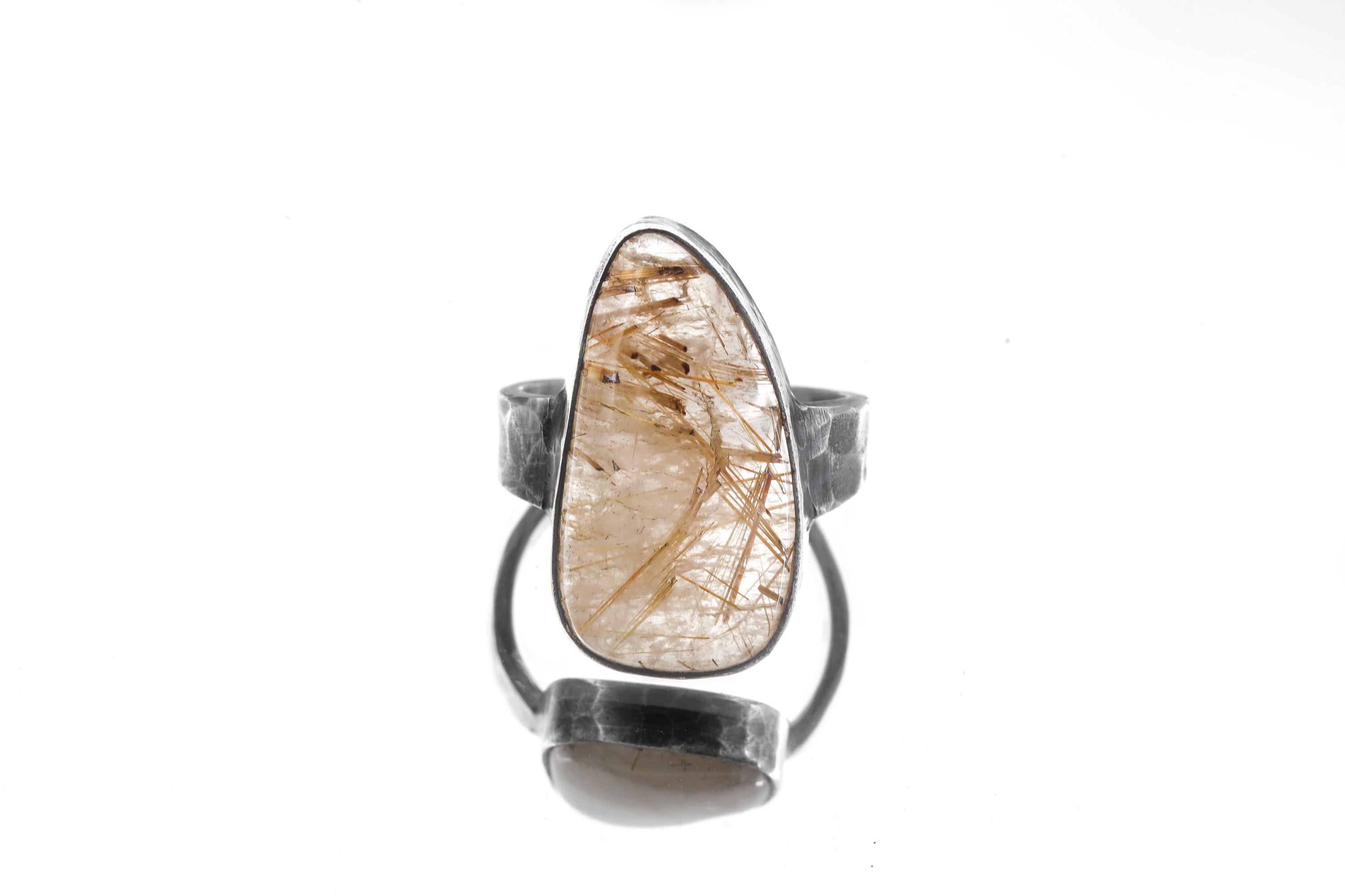 Golden Rutile Quartz 925 Silver Ring, Hammered Oxidized Setting, Men's Size 9