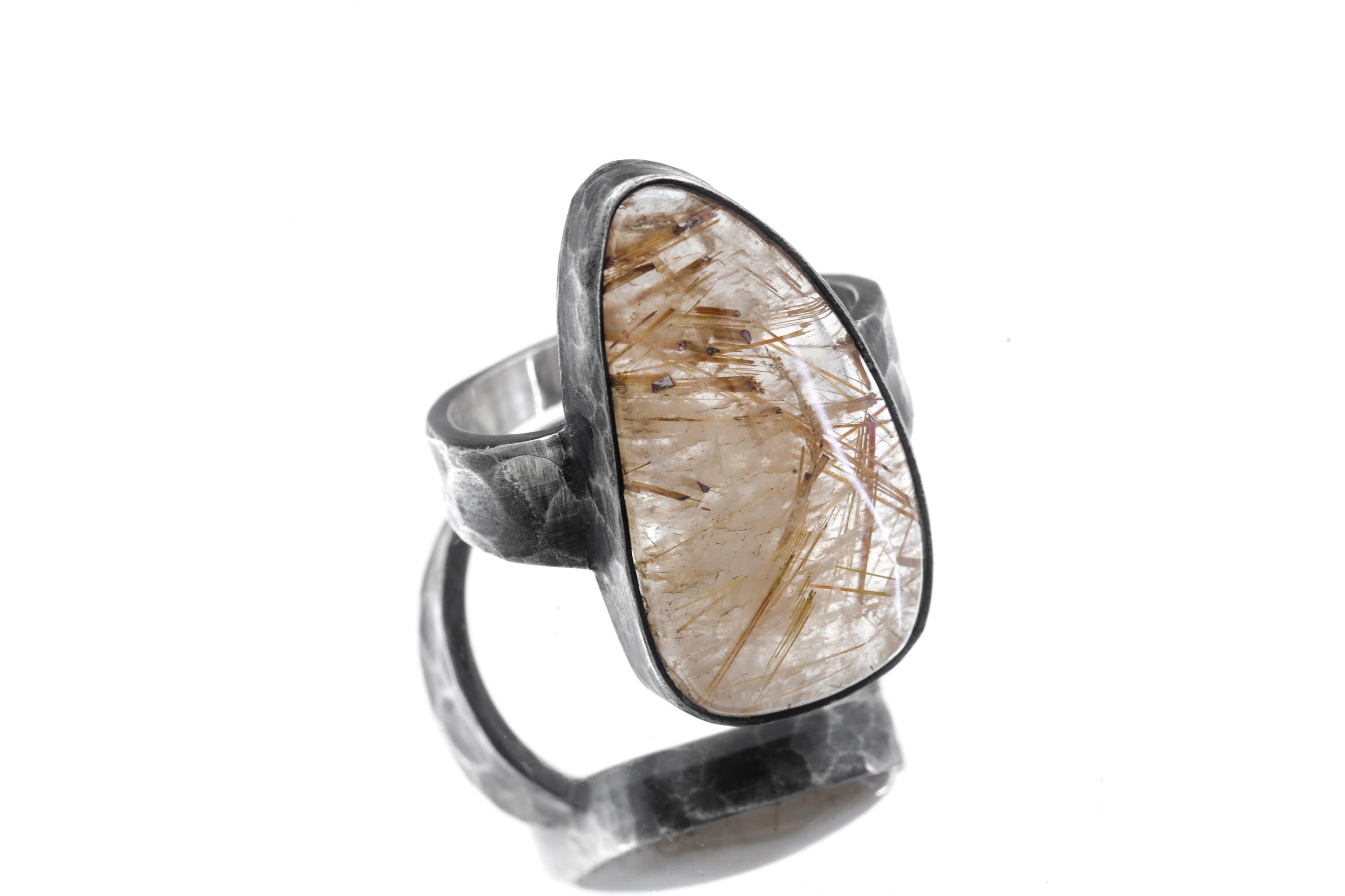 Golden Rutile Quartz 925 Silver Ring, Hammered Oxidized Setting, Men's Size 9