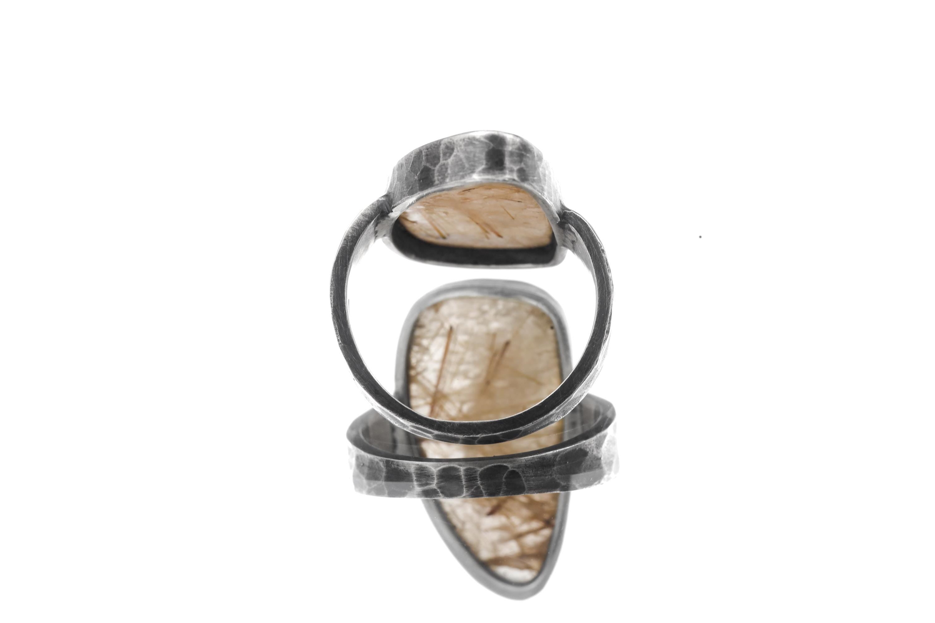 Golden Rutile Quartz Ring 925 Sterling Silver Mens Size 9 Tooth Shaped Cabochon Oxidized Hammered Jewelry Gift