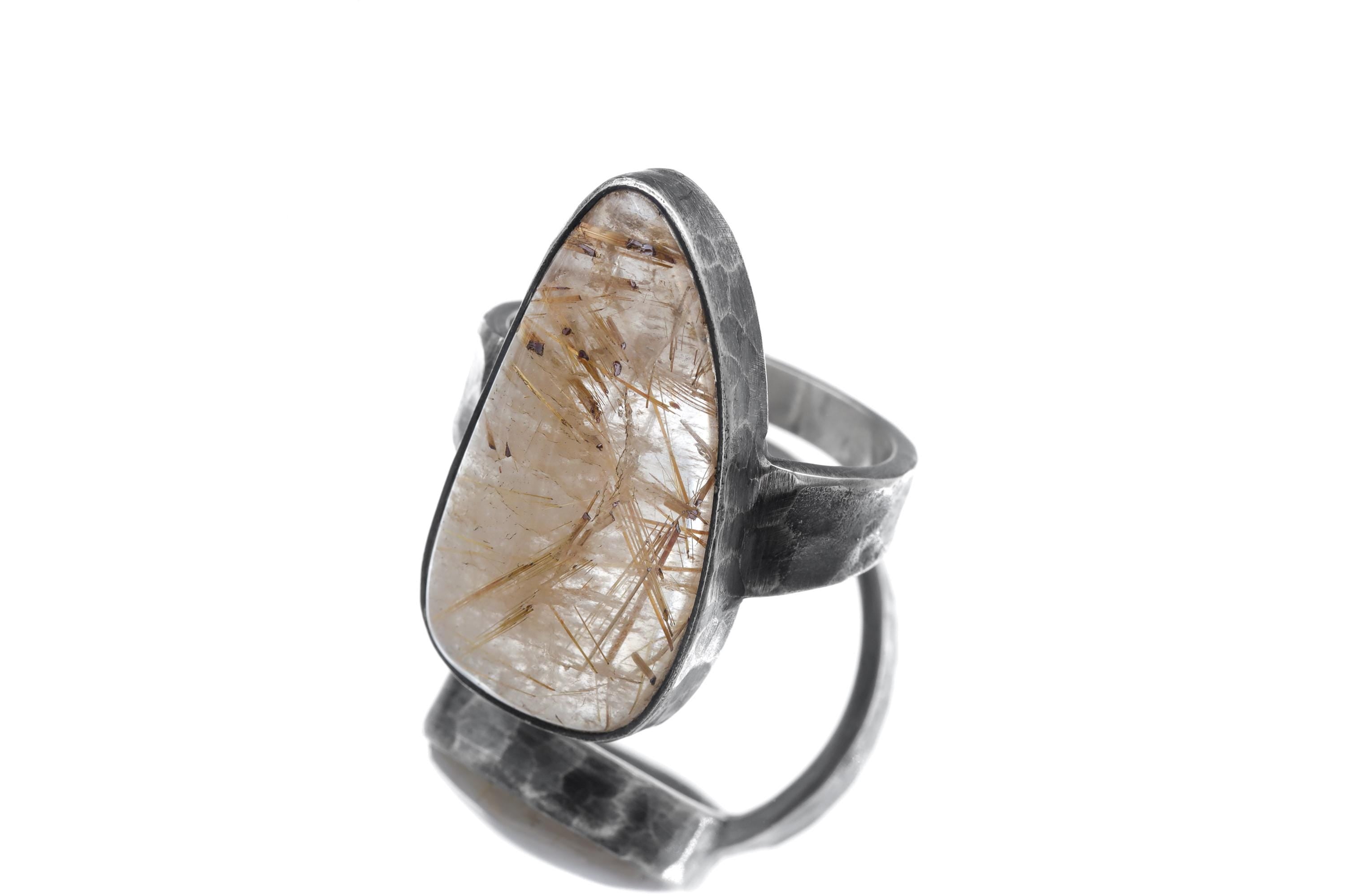 Golden Rutile Quartz Ring 925 Sterling Silver Mens Size 9 Tooth Shaped Cabochon Oxidized Hammered Jewelry Gift