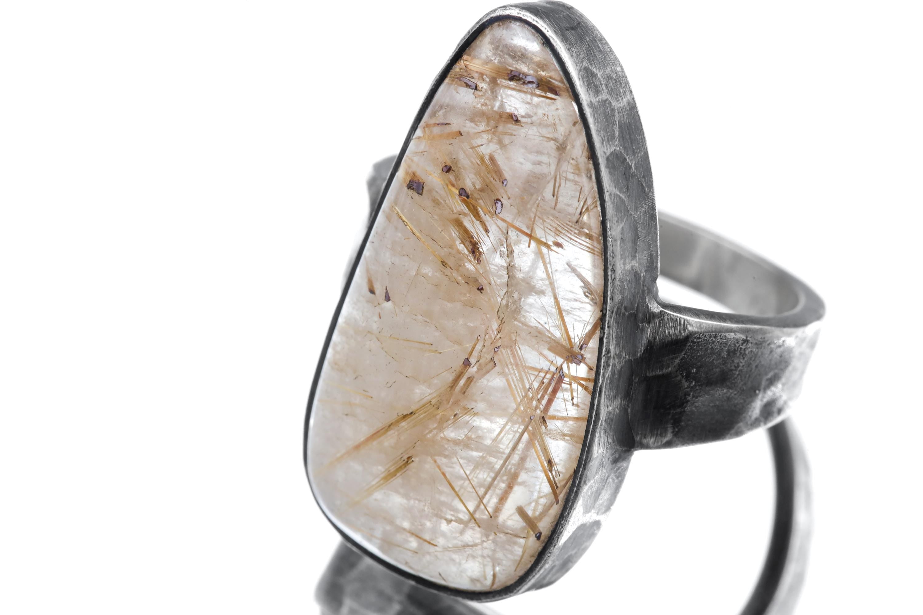 Golden Rutile Quartz 925 Silver Ring, Hammered Oxidized Setting, Men's Size 9