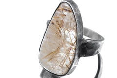 Golden Rutile Quartz 925 Silver Ring, Hammered Oxidized Setting, Men's Size 9