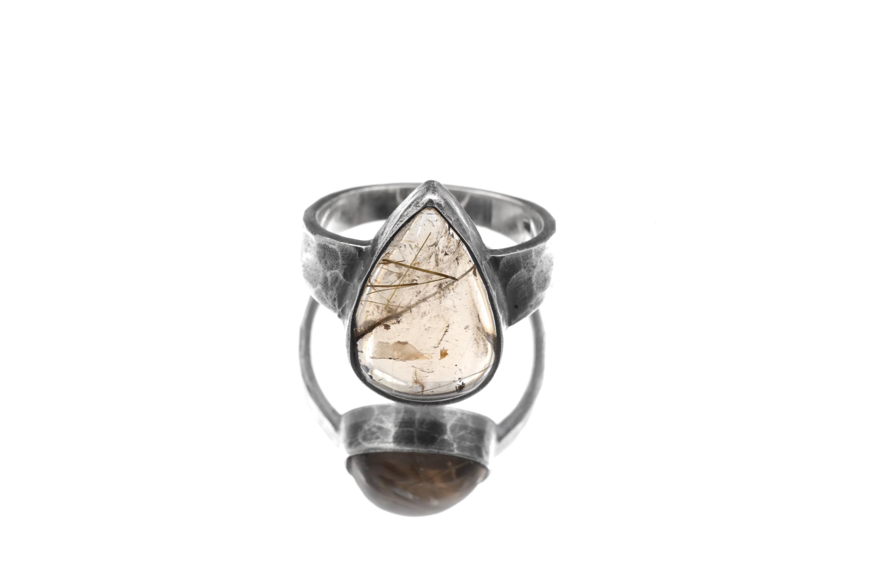 Smoky Quartz Rutile Ring 925 Sterling Silver Mens Size 9 Teardrop Cabochon Oxidized Hammered Band Jewelry Gift