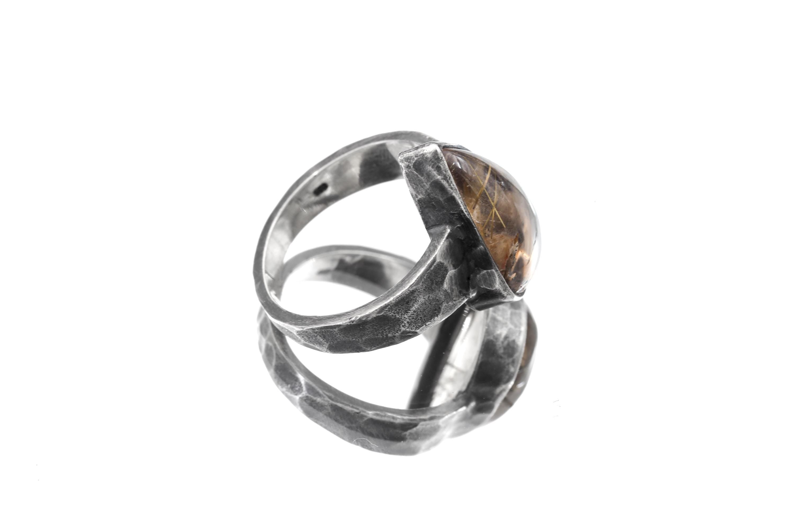Smoky Quartz Rutile Teardrop Ring, Hammered Oxidized 925 Silver, Size 9