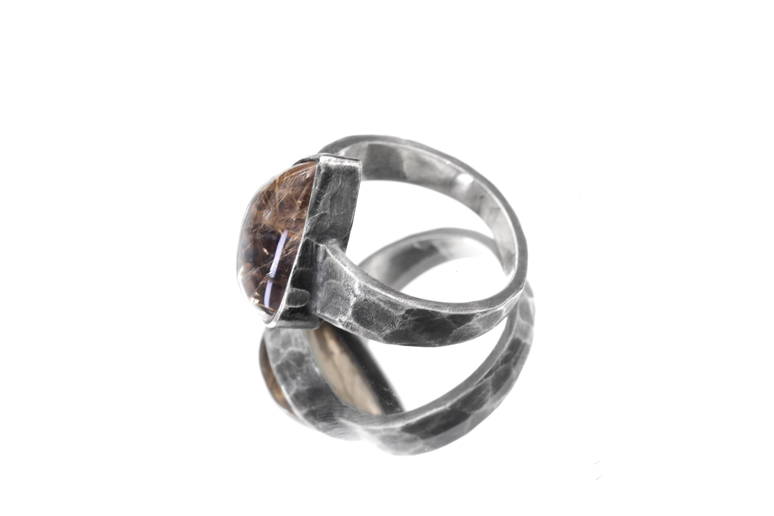 Smoky Quartz Rutile Teardrop Ring, Hammered Oxidized 925 Silver, Size 9