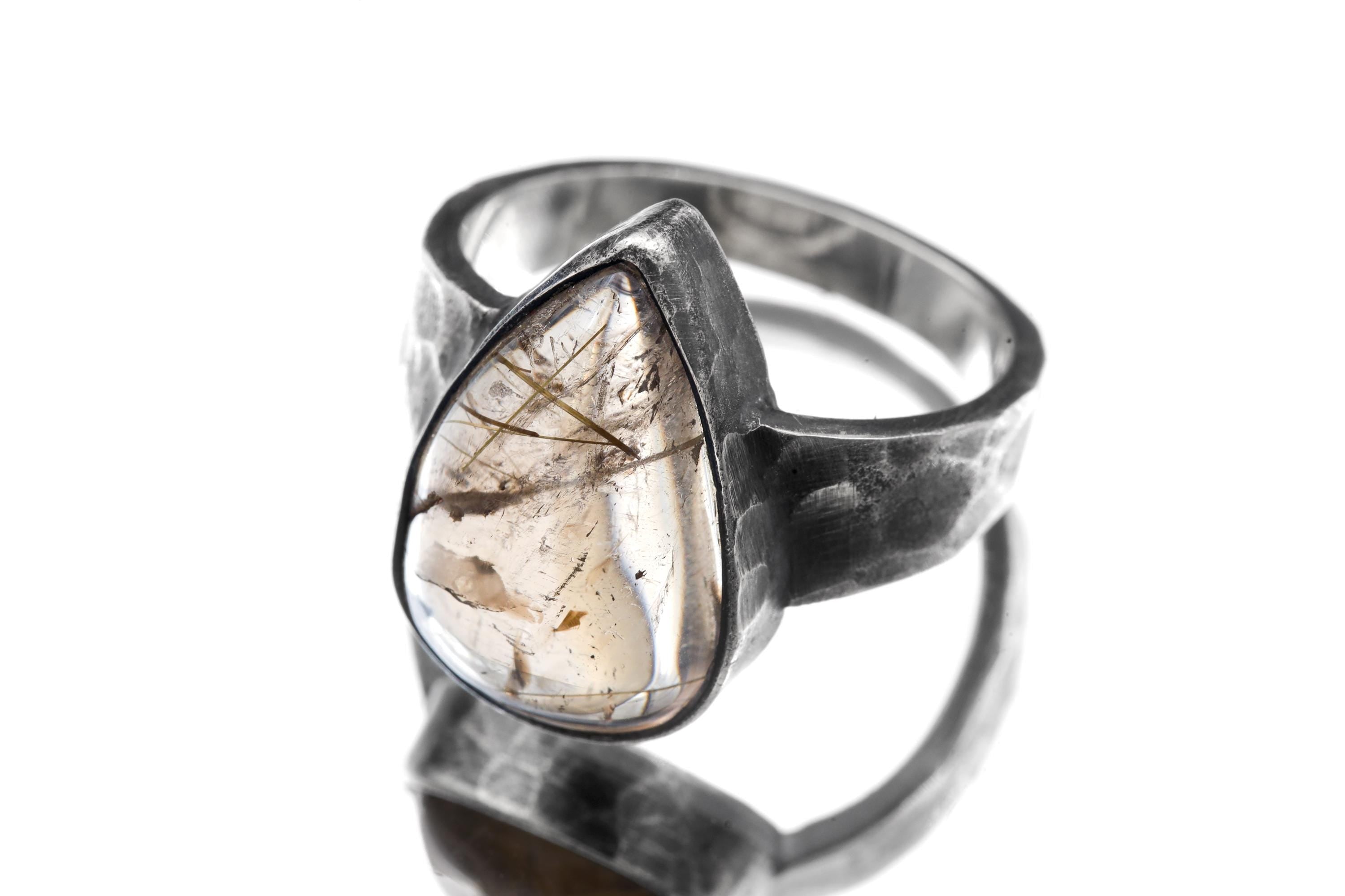 Smoky Quartz Rutile Teardrop Ring, Hammered Oxidized 925 Silver, Size 9