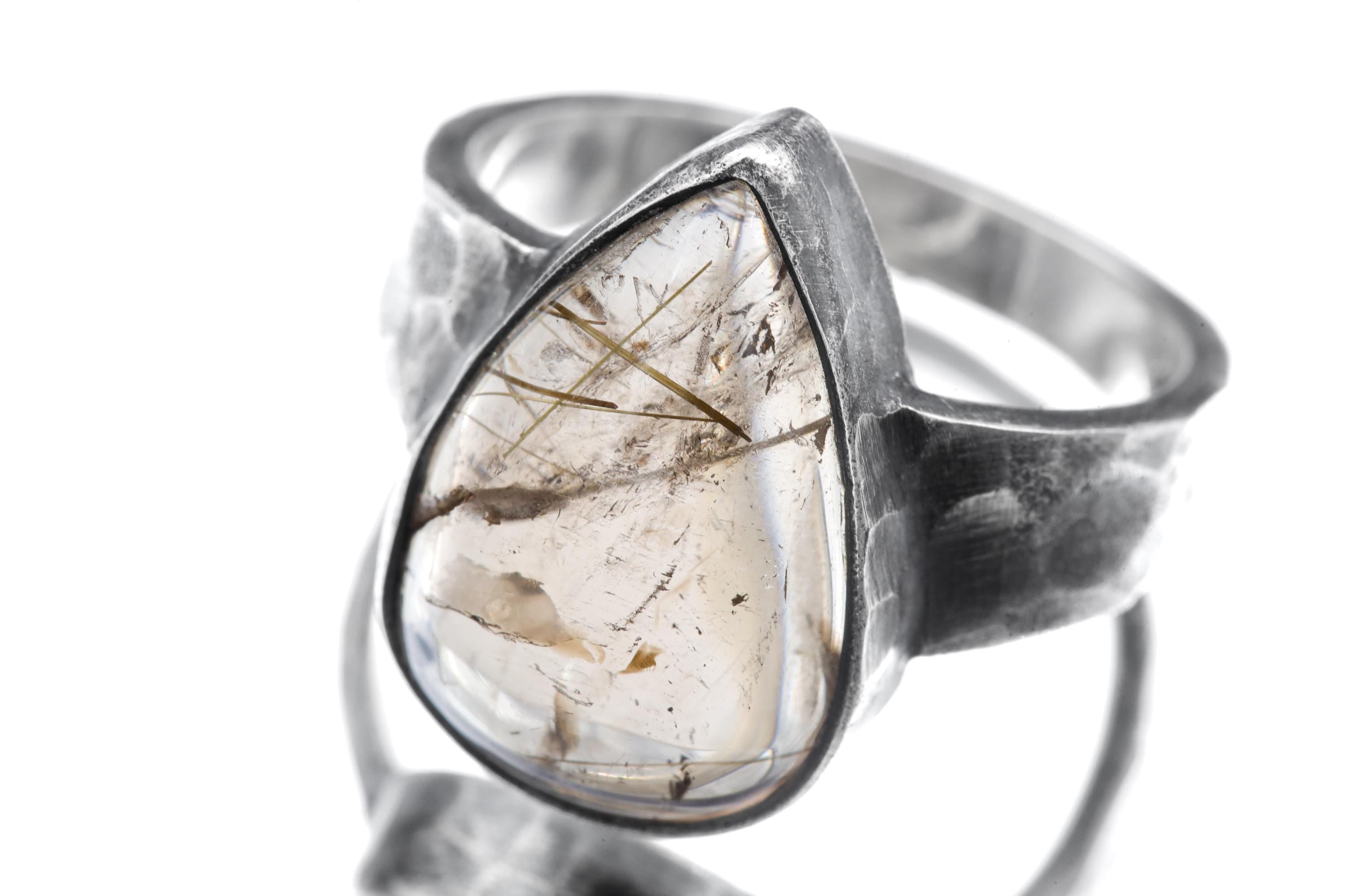 Smoky Quartz Rutile Teardrop Ring, Hammered Oxidized 925 Silver, Size 9