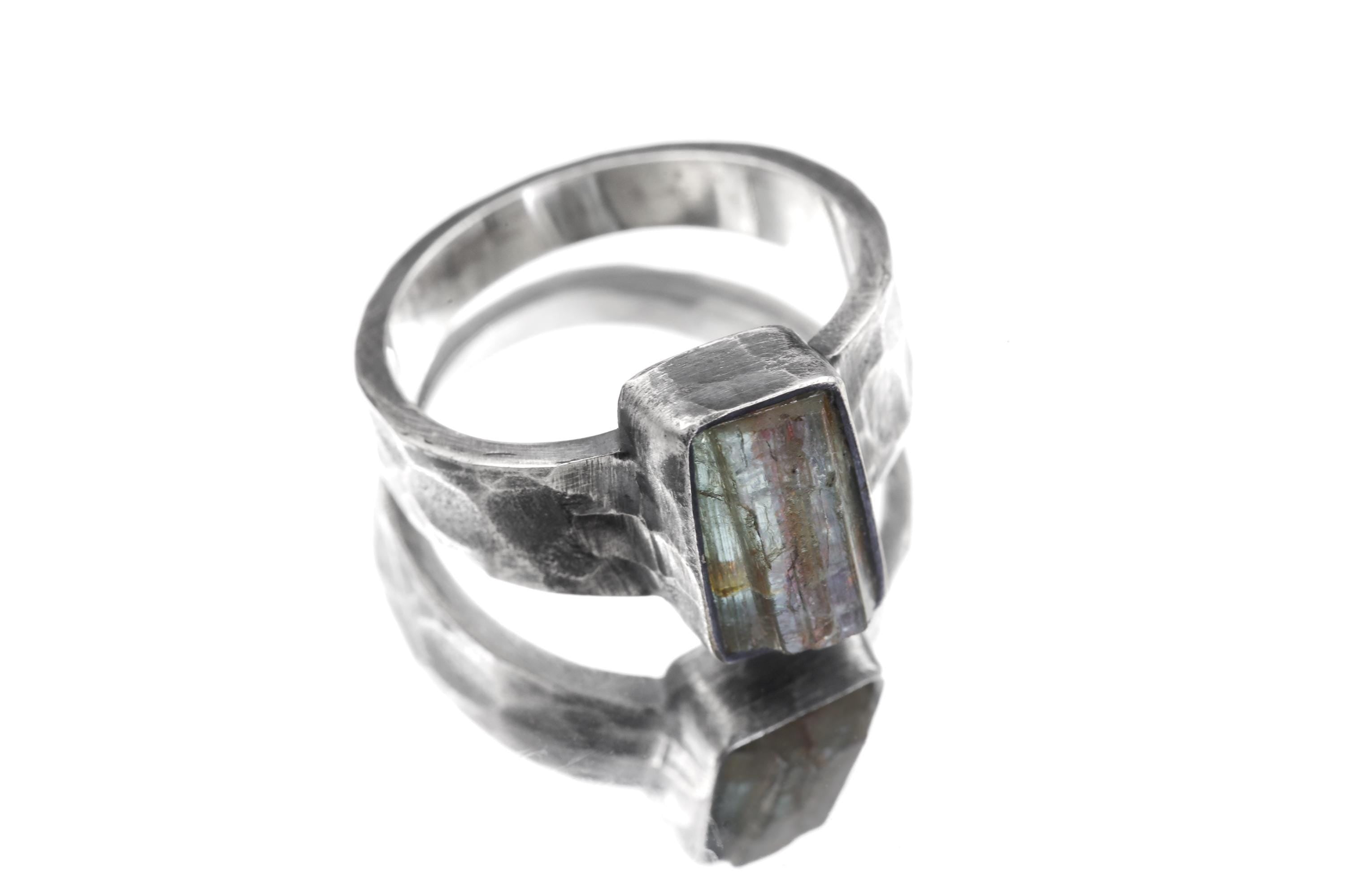 Australian Aquamarine Ring, Size 9, Hammered Oxidized 925 Silver