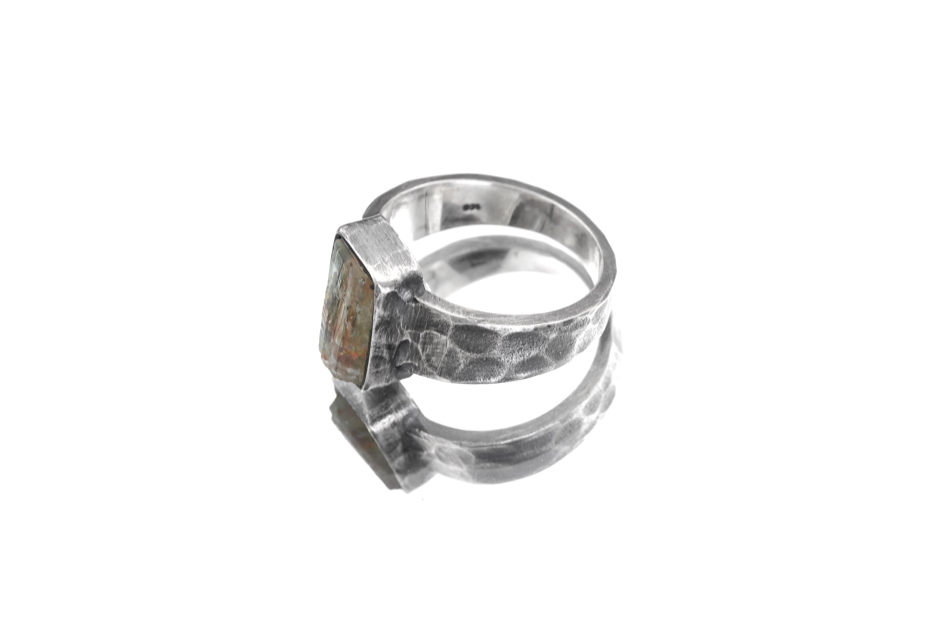 Australian Aquamarine Ring, Size 9, Hammered Oxidized 925 Silver