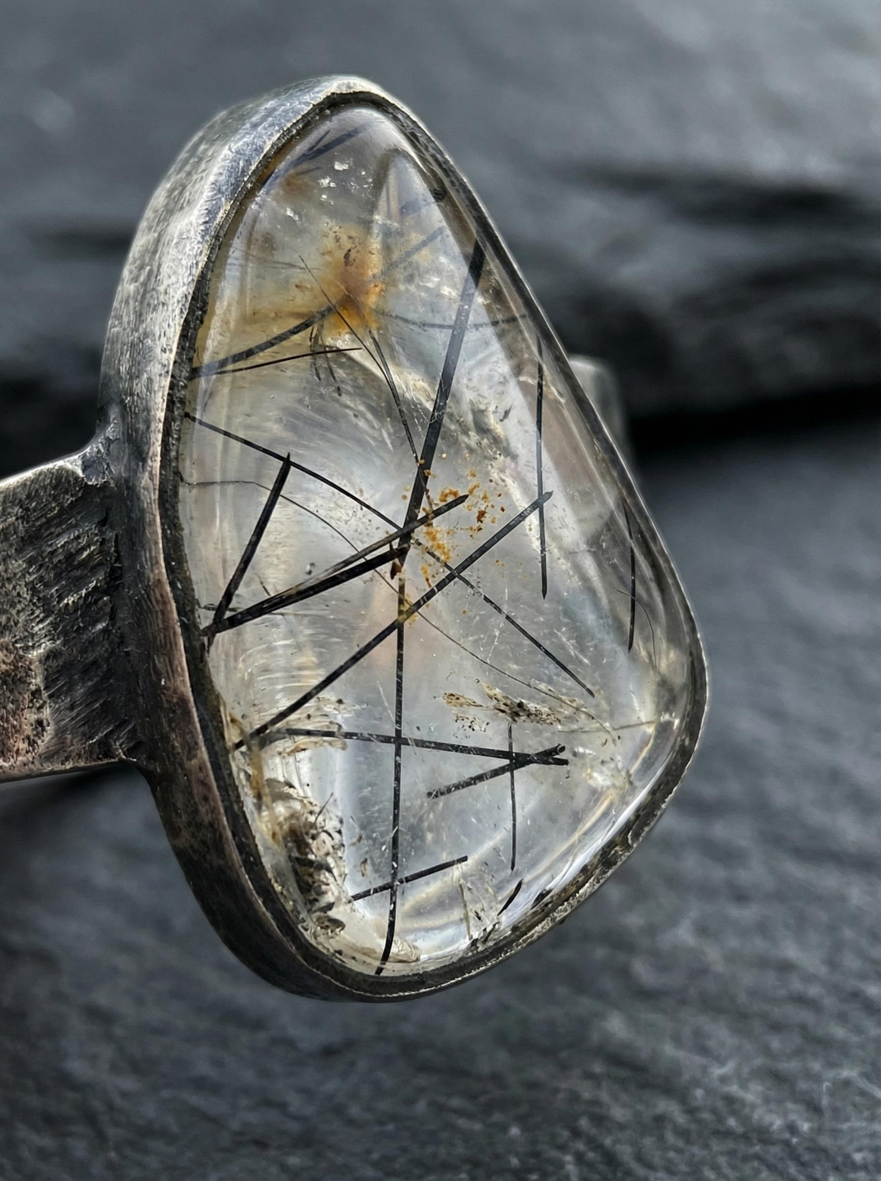 Men's Black Rutile Quartz Ring, Hammered Oxidized Sterling Silver, Size 12