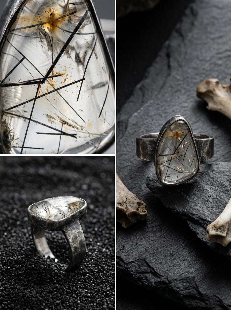 Men's Black Rutile Quartz Ring, Hammered Oxidized Sterling Silver, Size 12