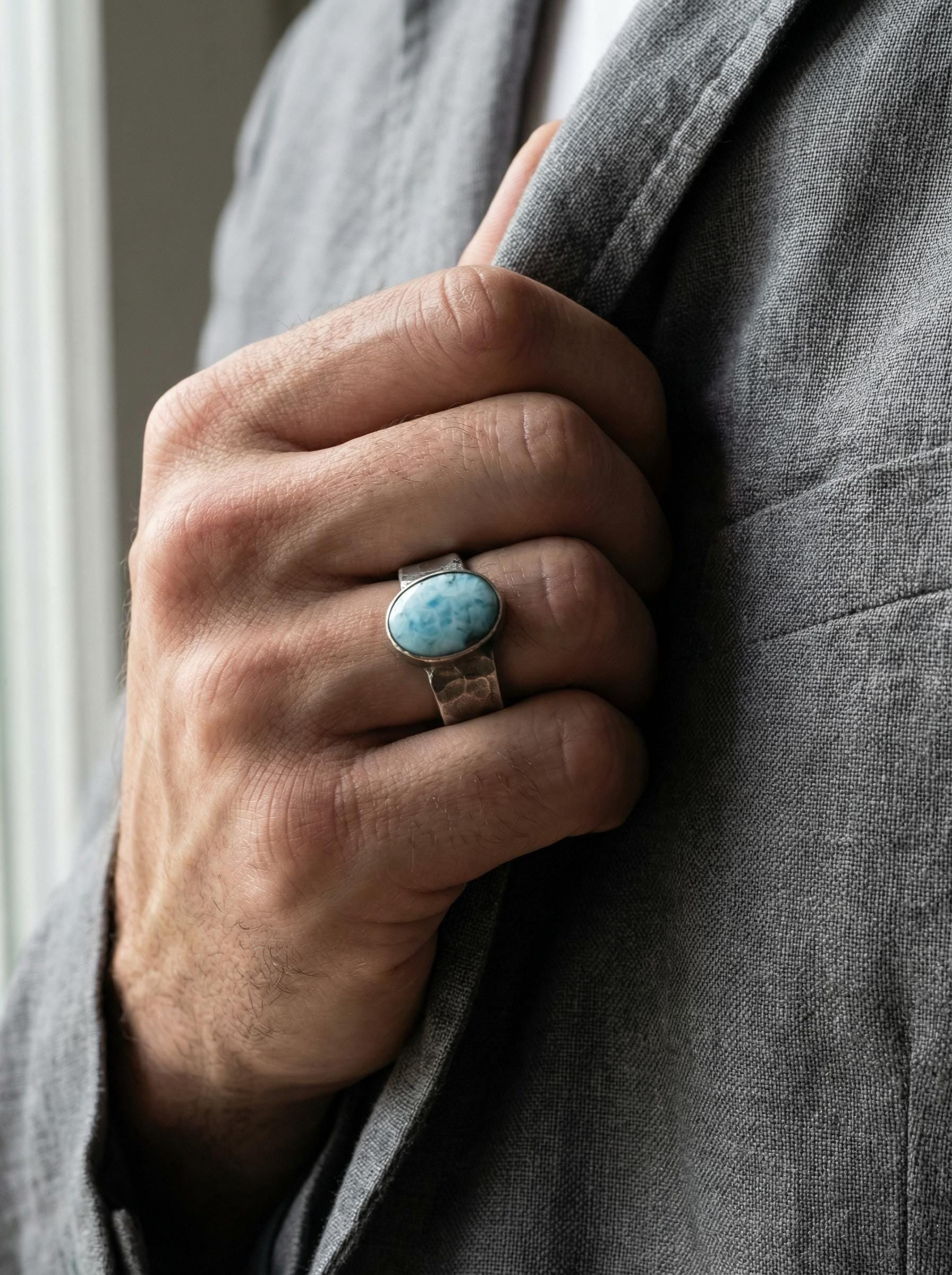Grade AAA Larimar Cabochon Ring Sterling Silver Hammered Band Blue Pectolite Throat Chakra Talisman Jewelry Size 10 US