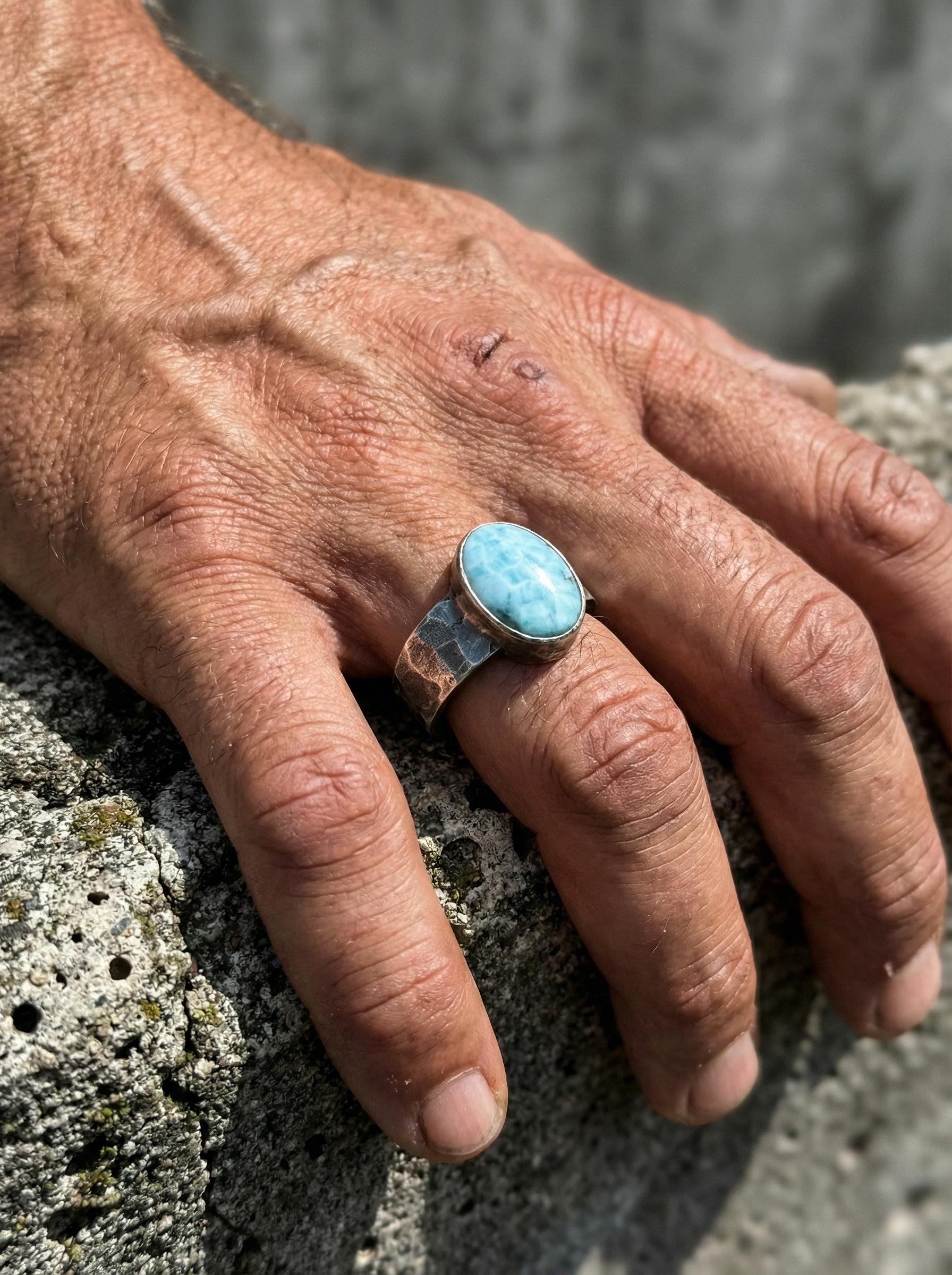 Grade AAA Larimar Cabochon Ring Sterling Silver Hammered Band Blue Pectolite Throat Chakra Talisman Jewelry Size 10 US