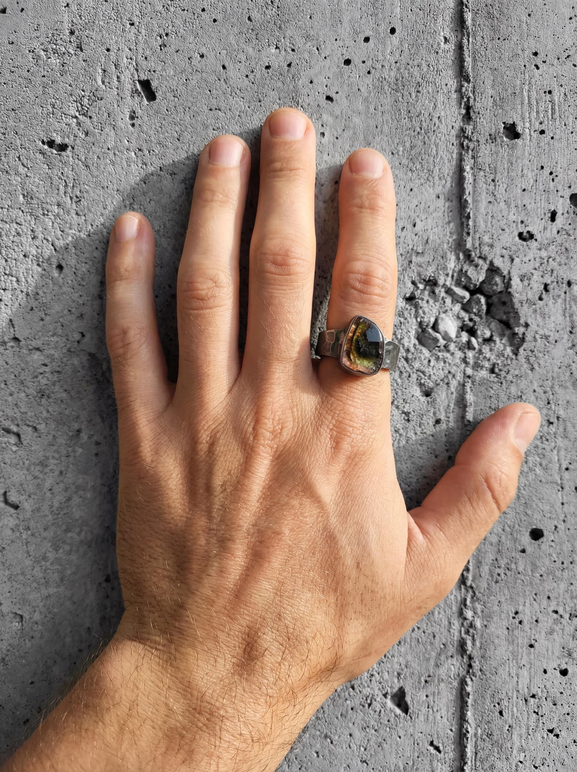 Oxidized Hammered Silver Ring: Natural Watermelon Tourmaline Slice