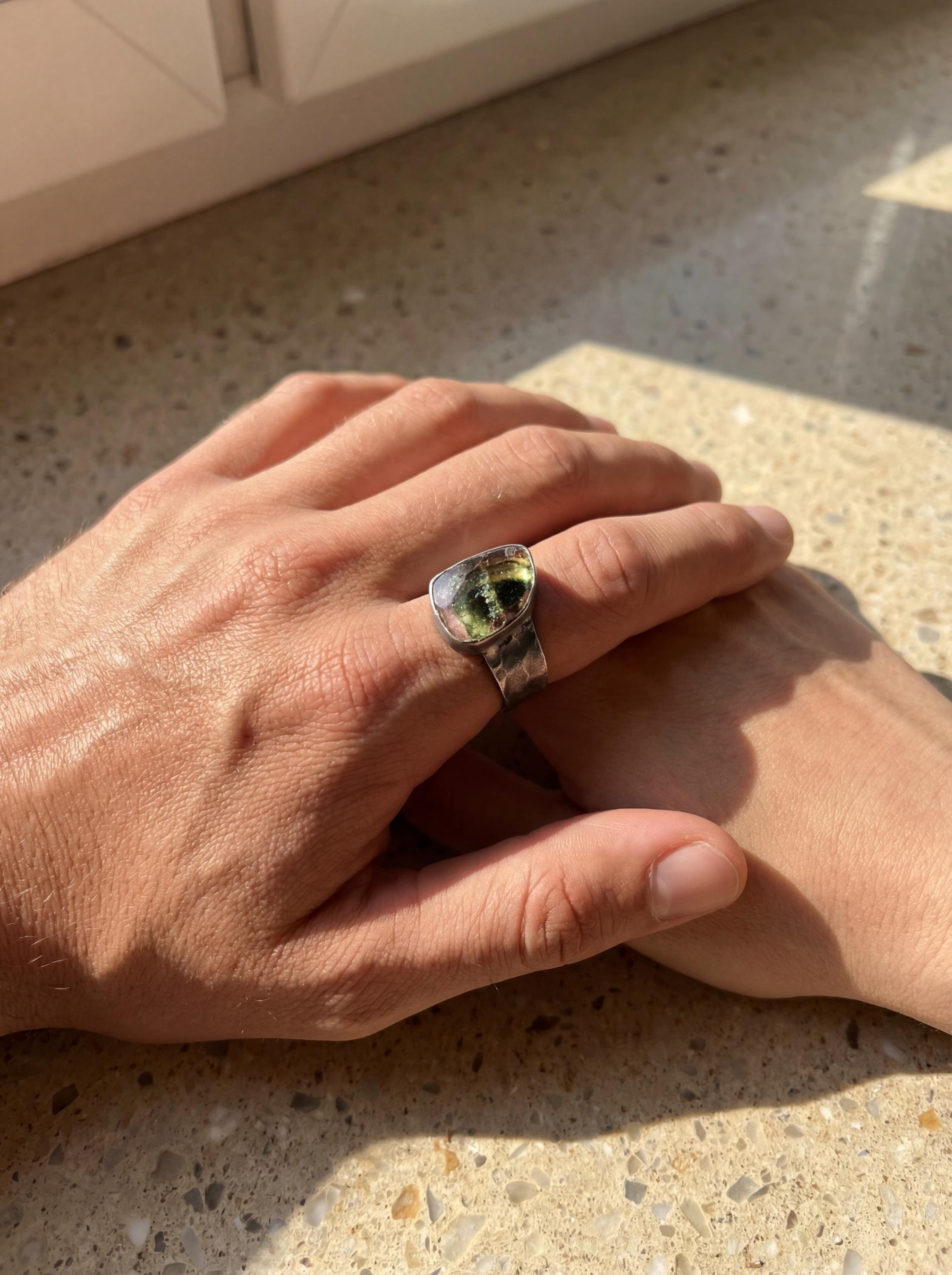 Natural polished Watermelon tourmaline slice of wand with rind Ring Hammered Oxidised Silver High Grade Stone Crystal Energy Christmas Gift