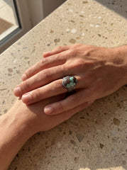 Old World Tibetan Turquoise Oval Cabochon from Trade Bead Ring Size 11 925 Silver Hammered Band Oxidised Finish Raw Men’s Jewelry