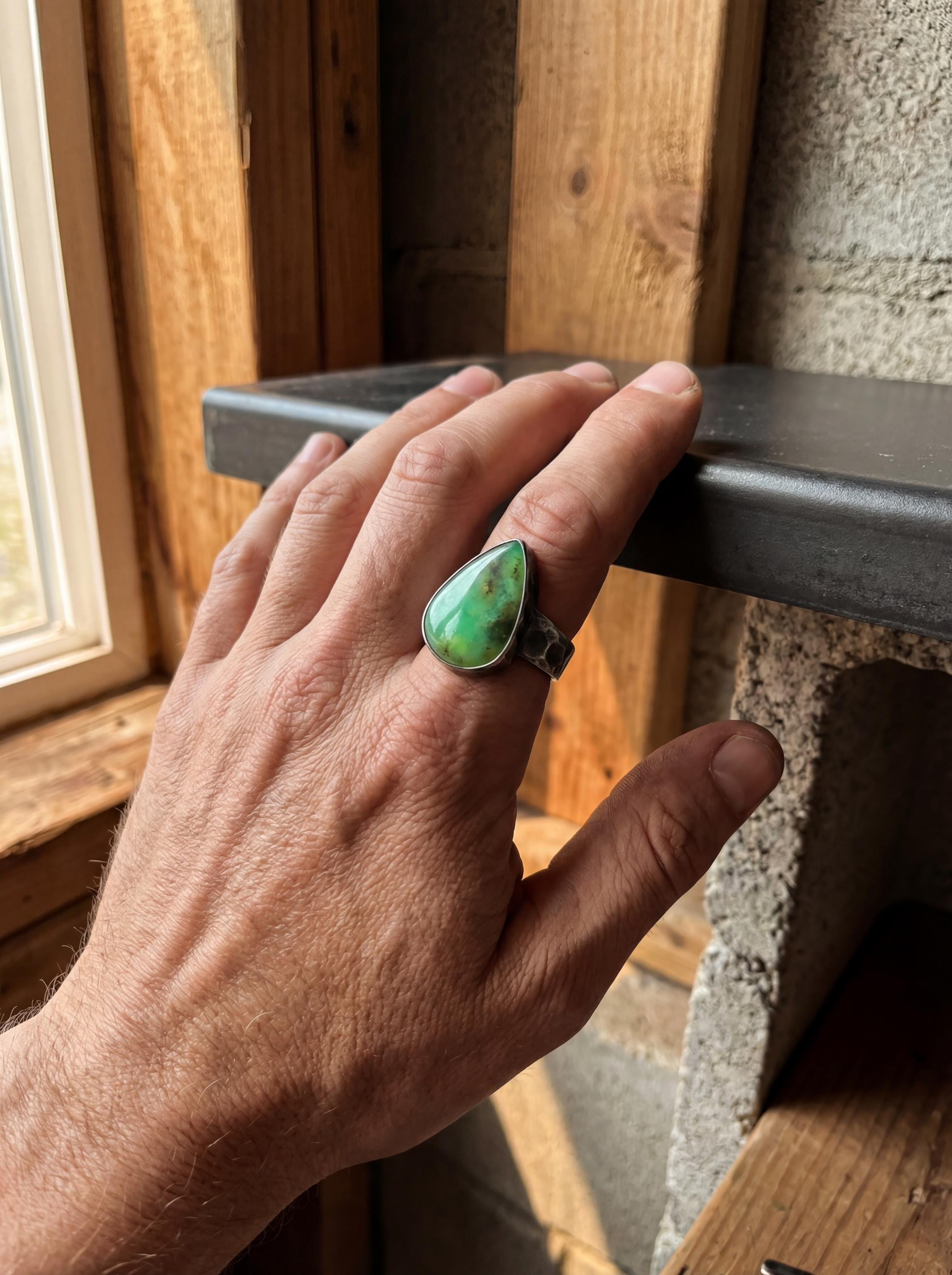Chrysoprase Teardrop Ring, Hammered 925 Silver, Oxidized Gemstone Jewelry, Size 11