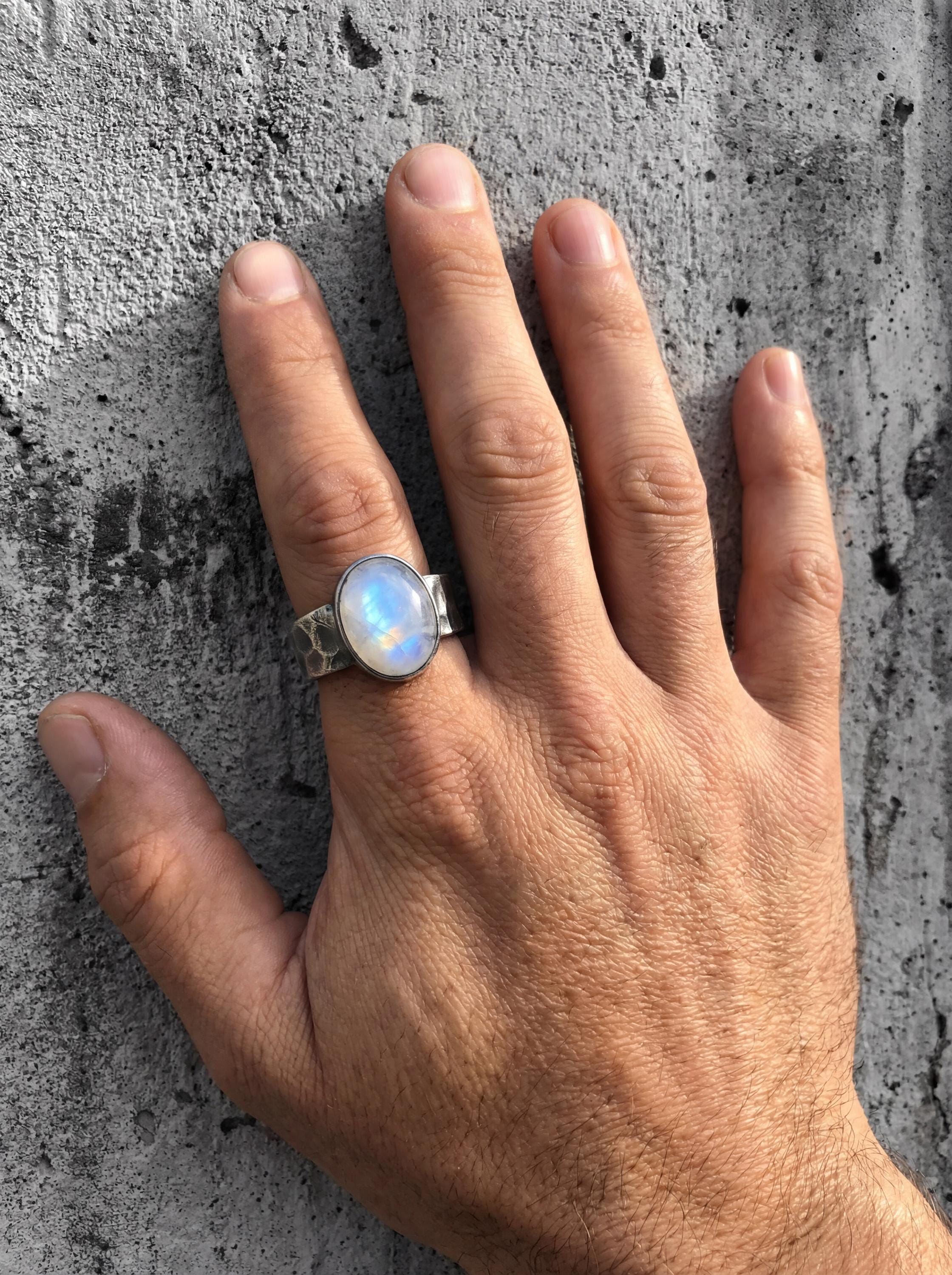 AAA Blue Moonstone Mens Ring 925 Sterling Silver Oxidized Hammered Band Oval Cabochon Crown Chakra Gift