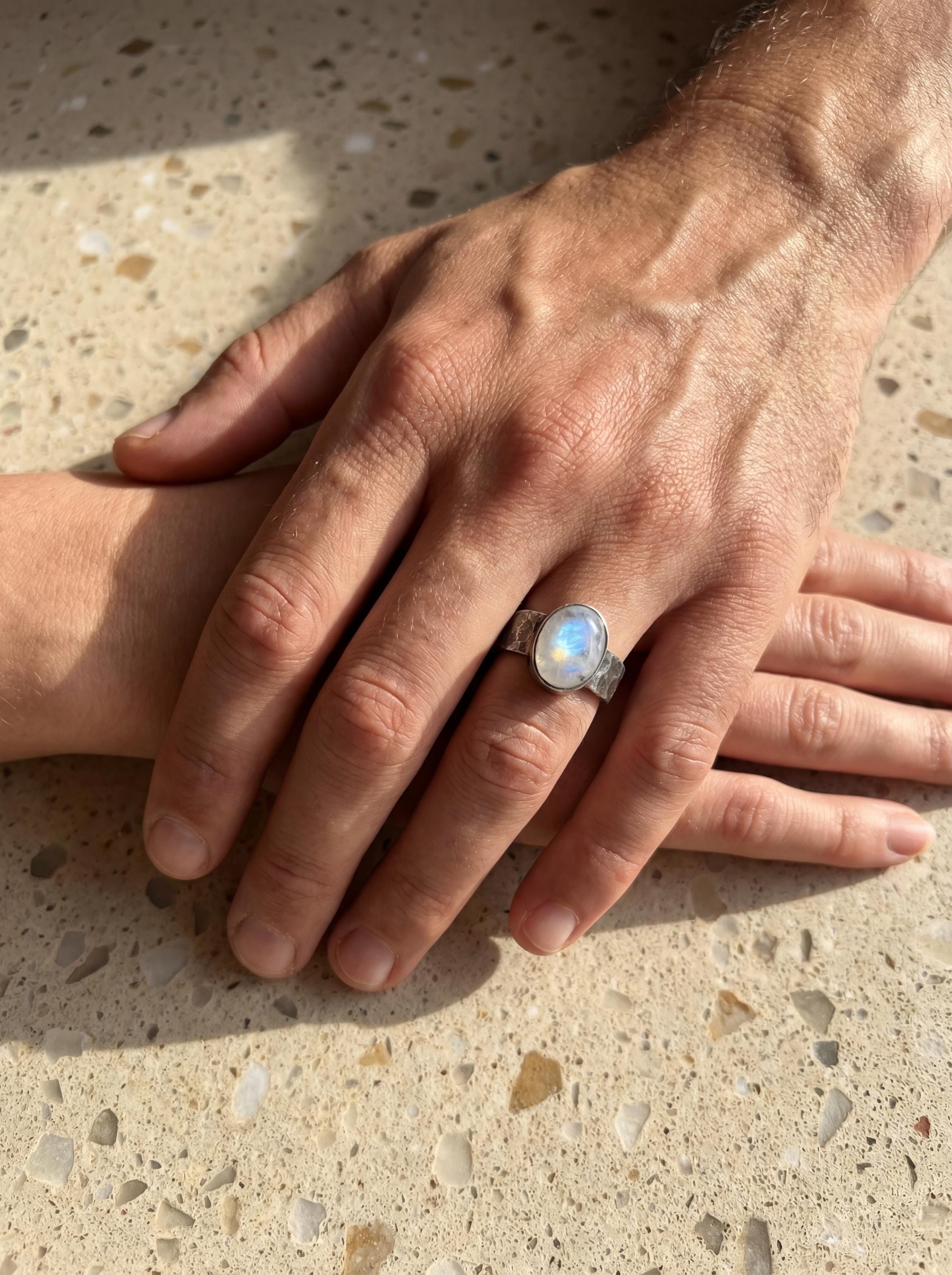 AAA Grade Blue Moonstone Feldspars Oval Cabochon, Ring Men’s Size 11, 925 Silver Hammered Oxidised, Chakra Energy Jewelry,