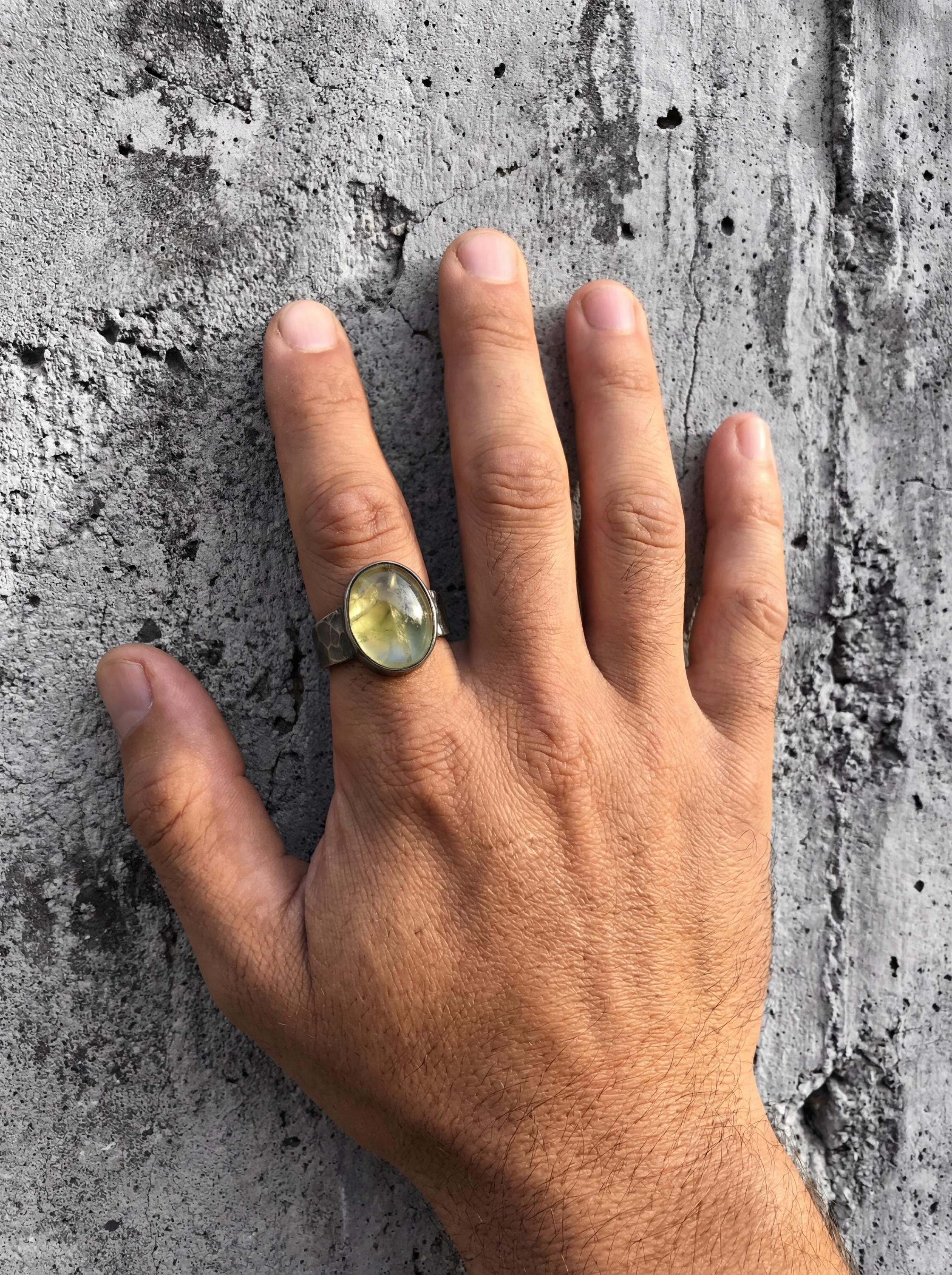 Australian Prehnite Ring 925 Silver Oval Cabochon Hammered Oxidised Band Mens Crystal Ring Heart Chakra Zodiac Healing Stone Jewelry