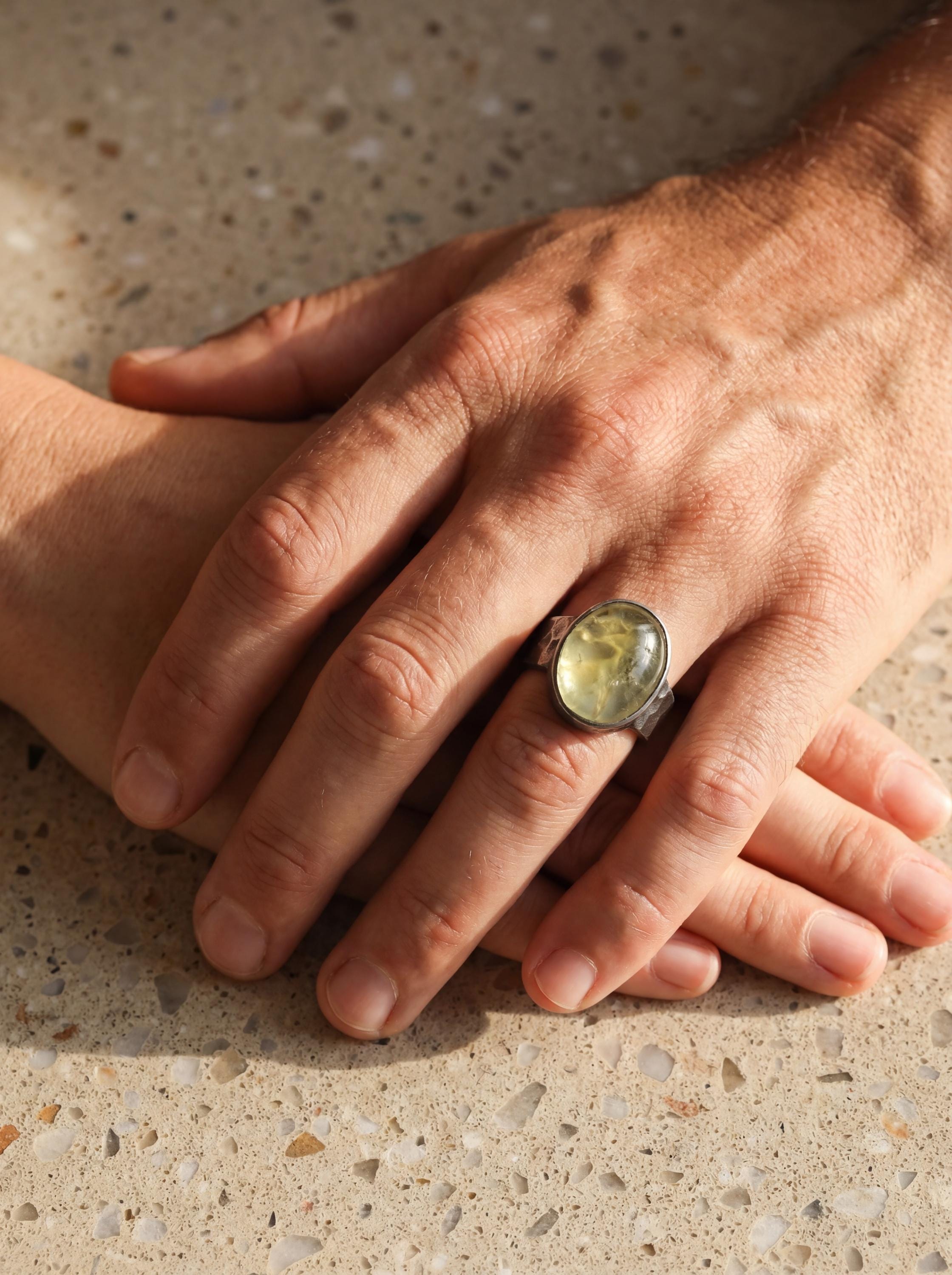 Australian Prehnite Ring 925 Silver Oval Cabochon Hammered Oxidised Band Mens Crystal Ring Heart Chakra Zodiac Healing Stone Jewelry