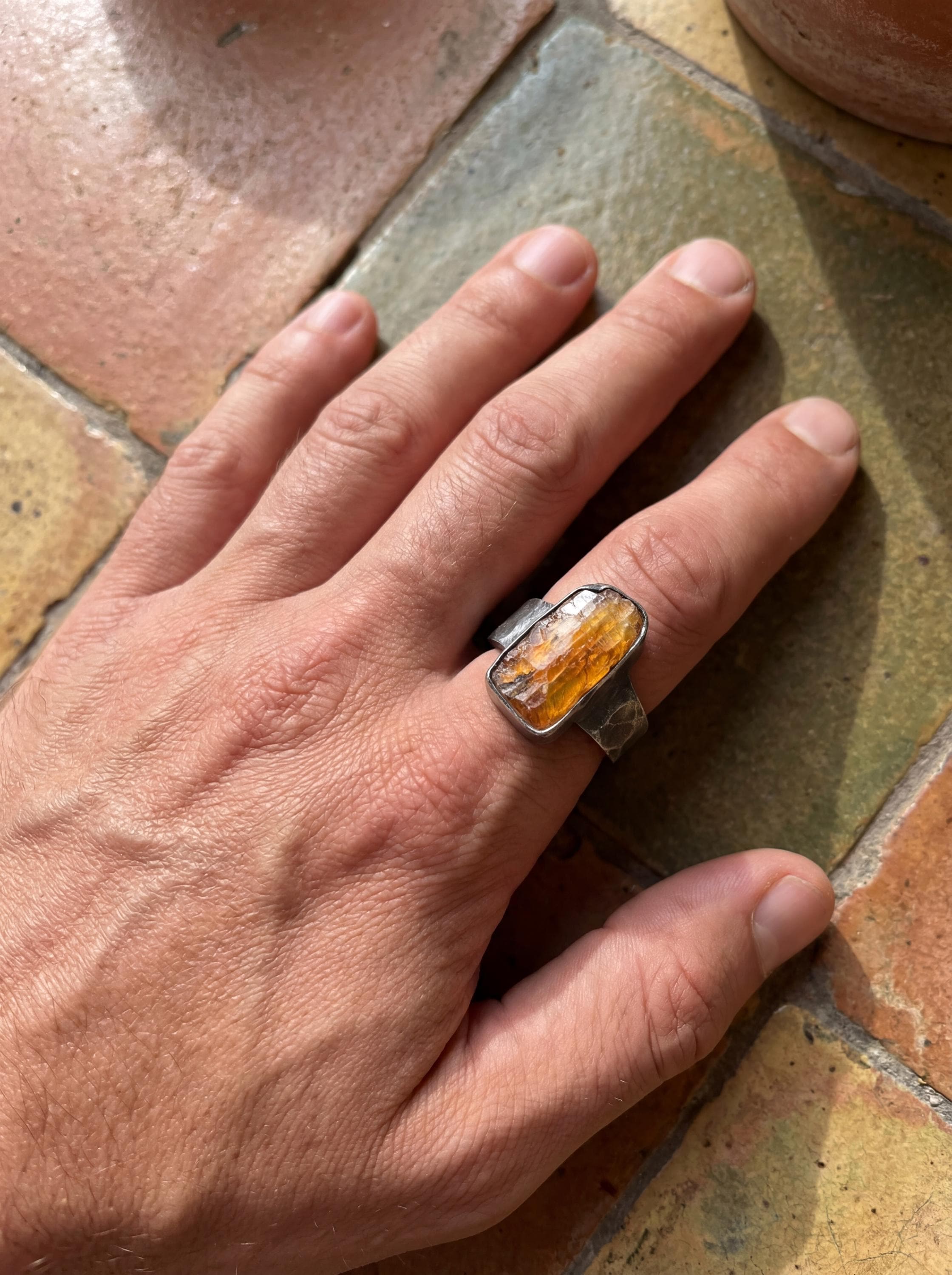 Natural Raw Orange Gem Kyanite Specimen 925 Silver Oxidised Hammered Band High Grade Stone Men’s Jewelry Solar Plexus Energy