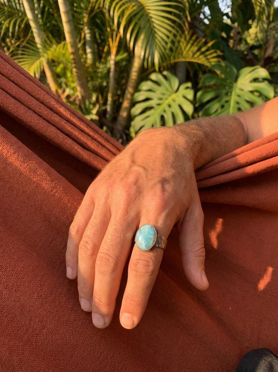 AAA Grade Larimar Pectolite Dolphin Stone Oval Cabochon Ring 925 Silver Hammered Oxidized Men’s Ring Size 10 Throat Chakra Energy Jewelry