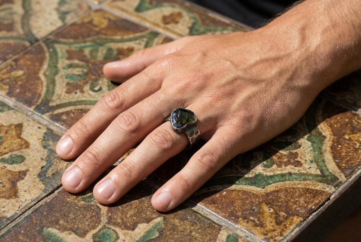 Freeform Polished Green Gem Tourmaline Slice Ring 925 Silver Oxidized Hammered Band Men Size 10 Heart Chakra Energy Gift