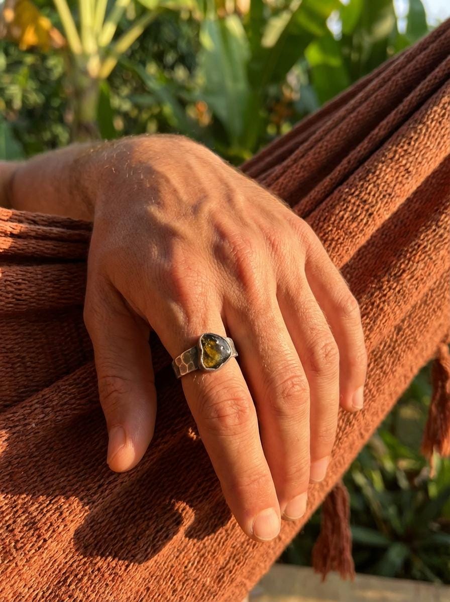 Freeform Polished Green Gem Tourmaline Slice Ring 925 Silver Oxidized Hammered Band Men Size 10 Heart Chakra Energy Gift