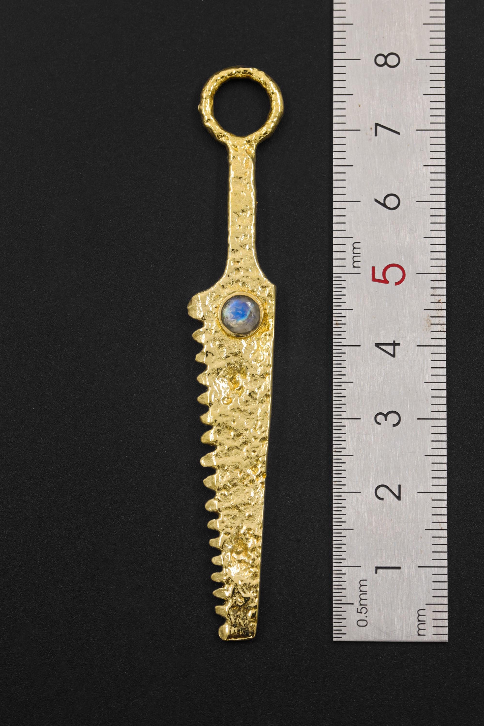 18k Gold Plated Brass Cutter Spoon Pendant, Blue Moonstone Ritual Talisman