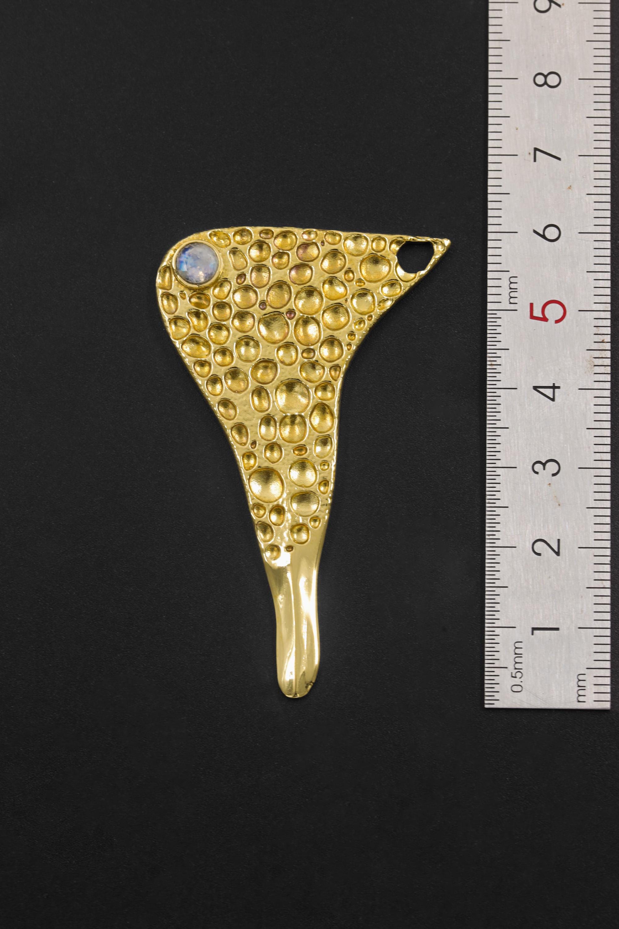 Golden Brass Spoon Pendant: Blue Moonstone Talisman, Wearable Ritual Tool