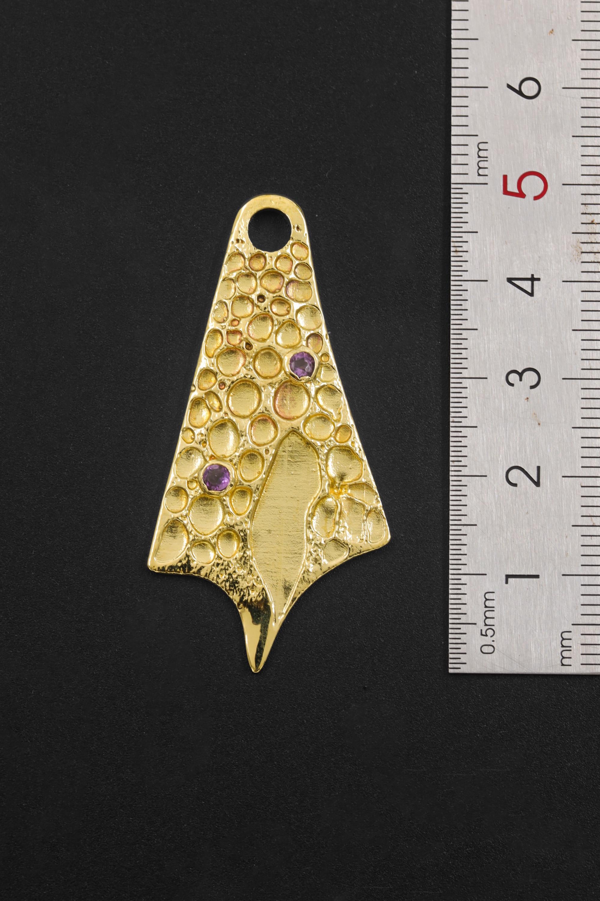 18k Gold Plated Cast Pendant, Textured Amethyst Talisman Necklace