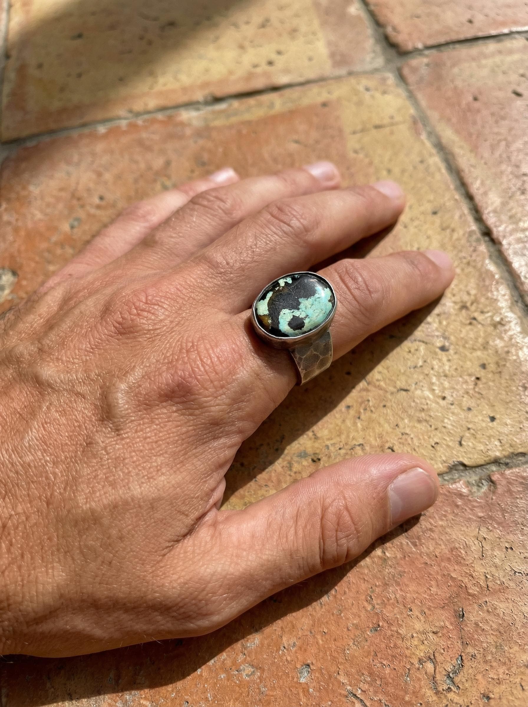 Tibetan Turquoise Ring 925 Sterling Silver Oxidized Hammered Mens Size 10 Throat Heart Chakra Gift