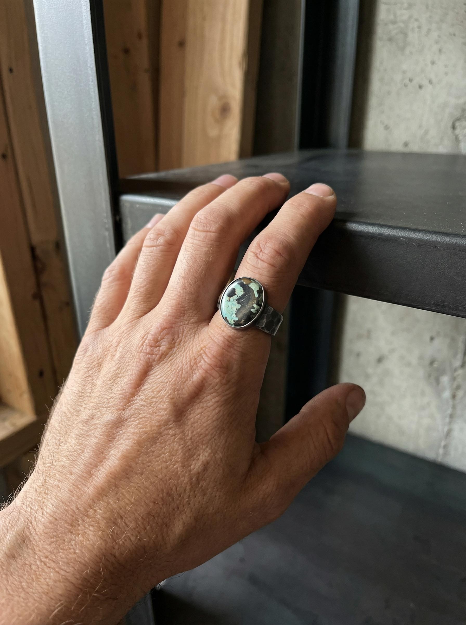 Tibetan Turquoise Ring, Oxidized Sterling Silver Hammered Band, Mens Size 10