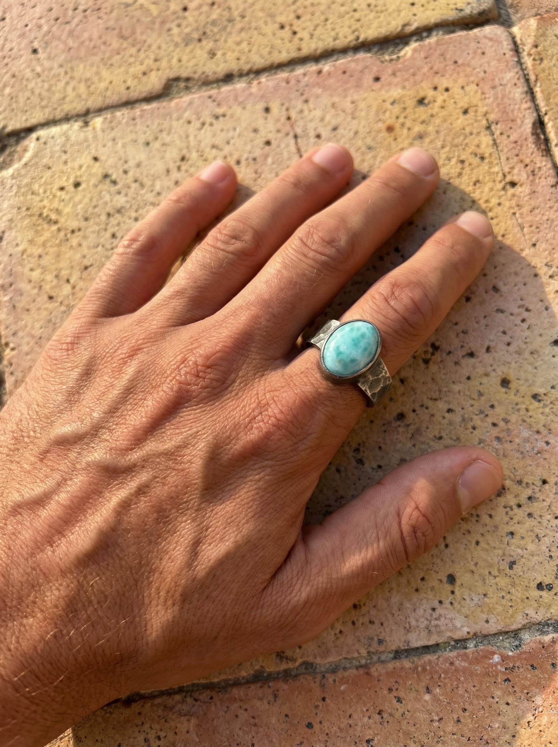 Larimar Ring 925 Sterling Silver Mens Size 10 Oval Cabochon Oxidized Hammered Band Throat Chakra Jewelry Gift