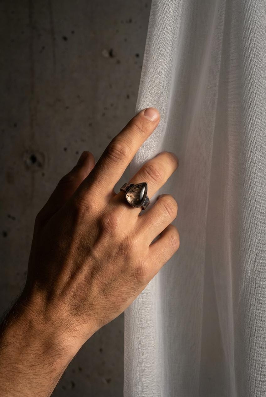 Smoky Quartz Rutile Ring 925 Sterling Silver Mens Size 9 Teardrop Cabochon Oxidized Hammered Band Jewelry Gift