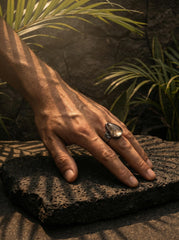 Smoky Quartz Golden Rutile ring shown worn outdoors, with dark quartz body and golden internal rutile threads.