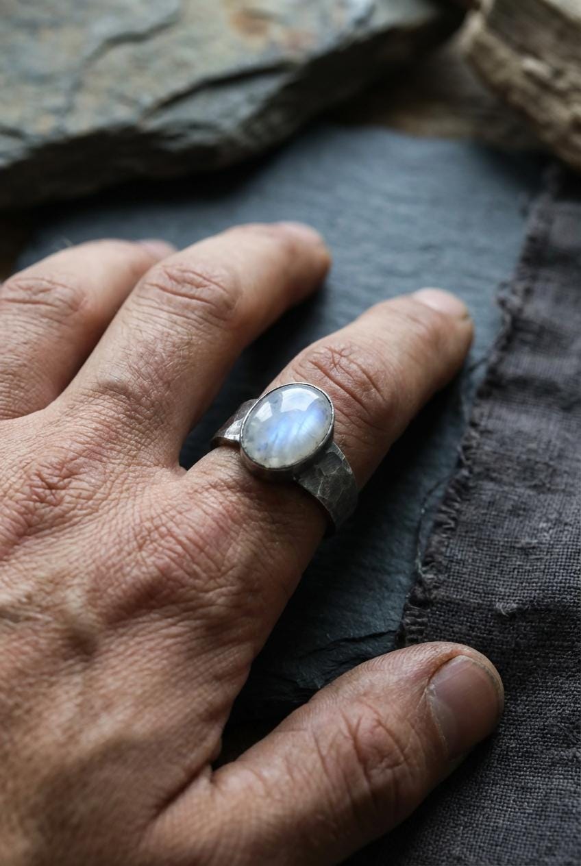 Blue Moonstone Ring, Hammered Oxidized 925 Sterling Silver, Size 8
