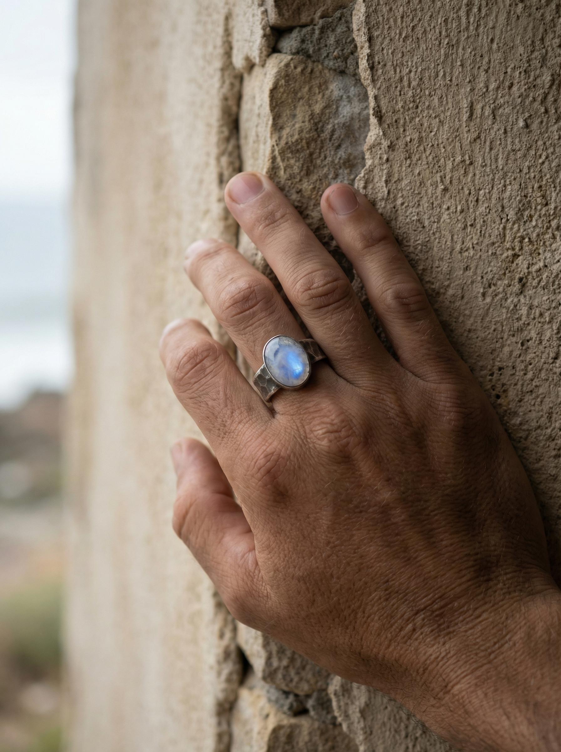 Blue Moonstone Ring, Hammered Oxidized 925 Sterling Silver, Size 8